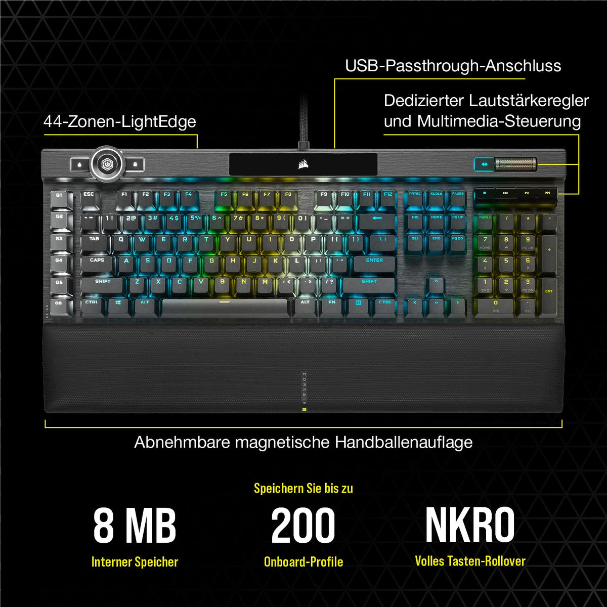 CORSAIR K100 RGB Optical-Mechanical Wired Gaming Keyboard - OPX Linear Switches - PBT Double-Shot Keycaps - Compatible with Elgato Stream Deck & iCUE - PC, Mac, Xbox - QWERTZ DE - Black - CH-912A01A-DE