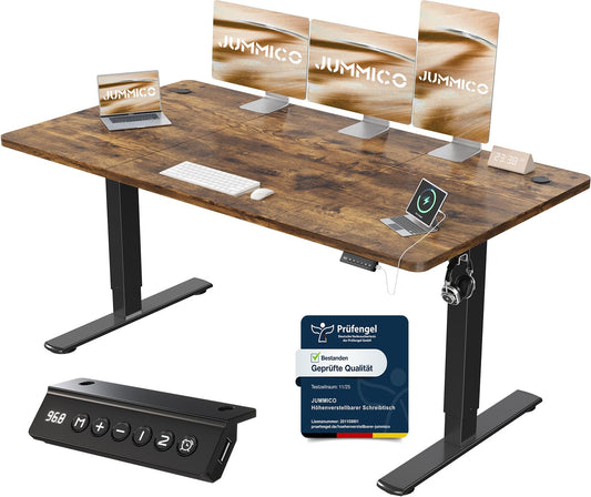 JUMMICO Birou reglabil pe înălțime cu port de încărcare USB, birou electric reglabil pe înălțime 160 x 70 cm, masă pentru stat în picioare, birou pentru stat în picioare, masă de calculator reglabilă, birou pentru stat în picioare, maro - 0403