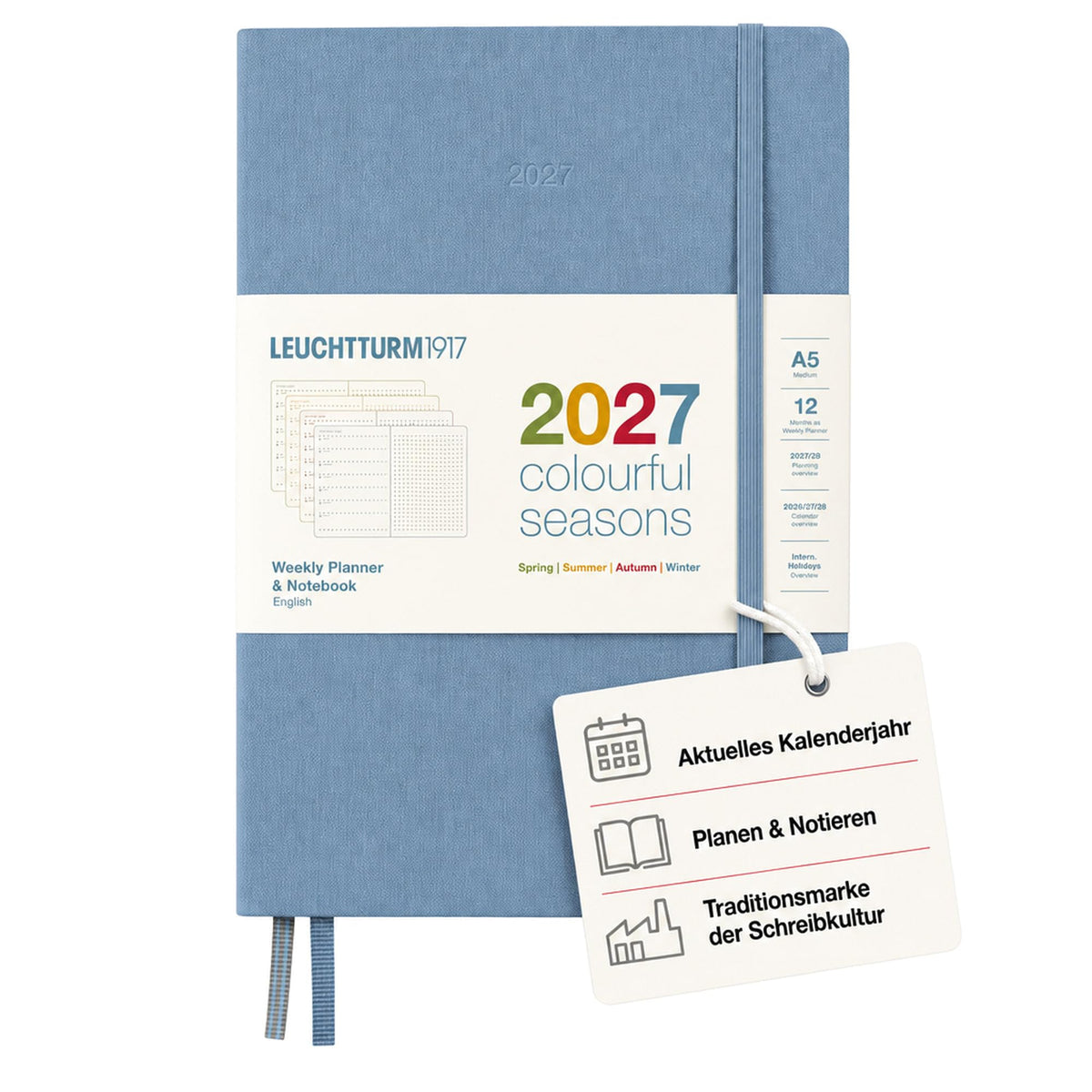 LEUCHTTURM1917 Calendar săptămânal și caiet cu puncte medie (A5) 2027, anotimpuri colorate albastru, engleză, cartonat, prezentare generală calendar 2026/2027/2028, prezentare generală a planificării 01.27-12.28, planificator de proiecte - 400371