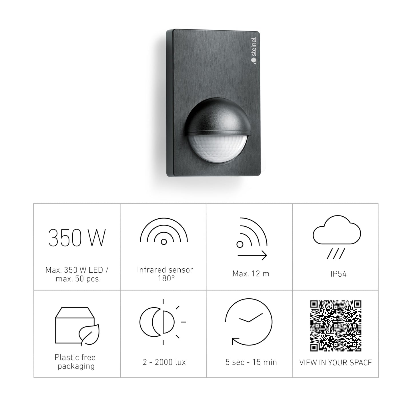 Steinel motion detector IS 180-2 black, 180° infrared motion sensor, twilight sensor for indoor and outdoor use - 603113