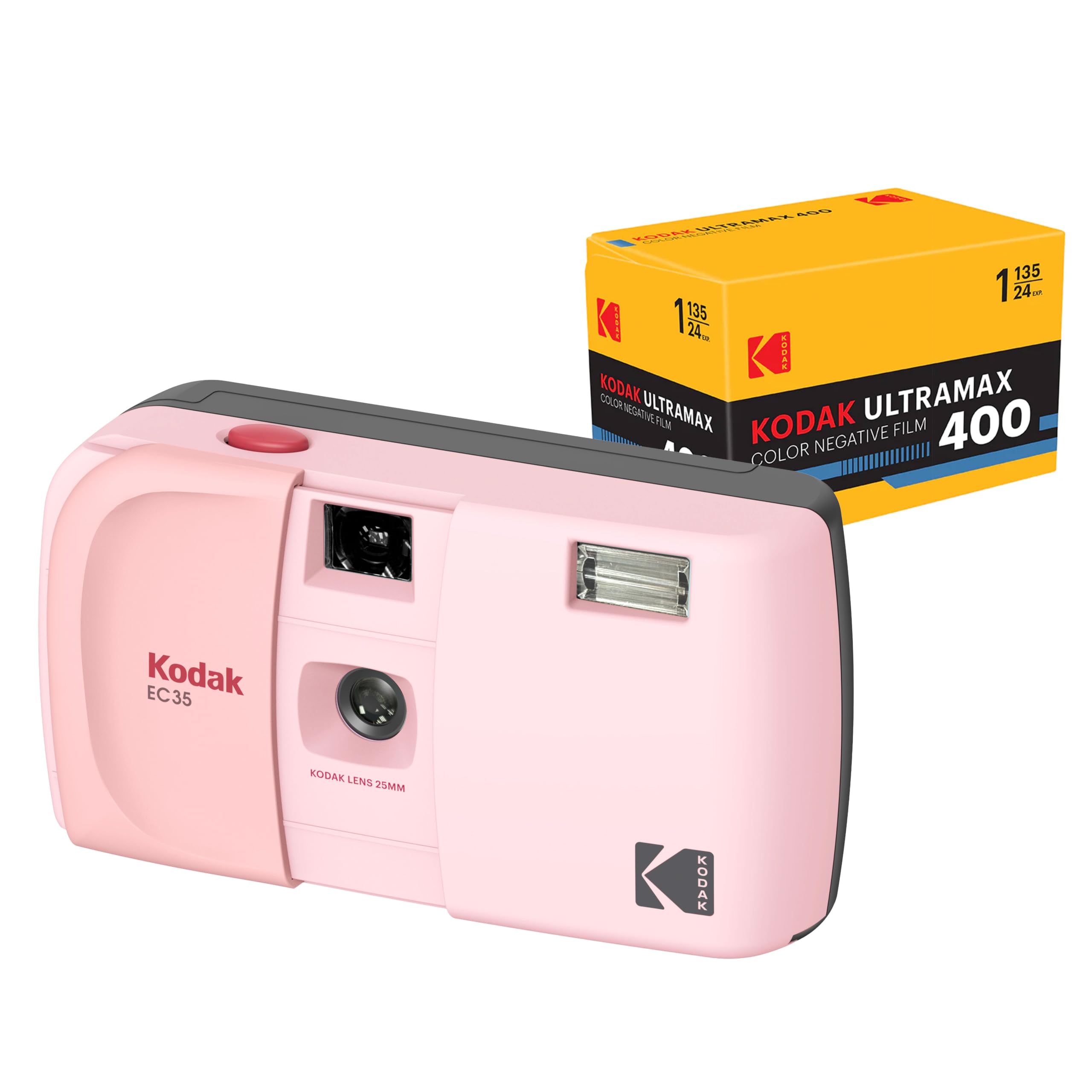 KODAK EC35 35mm Film Camera, Reusable, Focus Free, Built-in Flash, Sliding Cover, Beginner Friendly (Soft Pink). Bundle of Kodak Ultramax 400/24EXP 35mm roll film