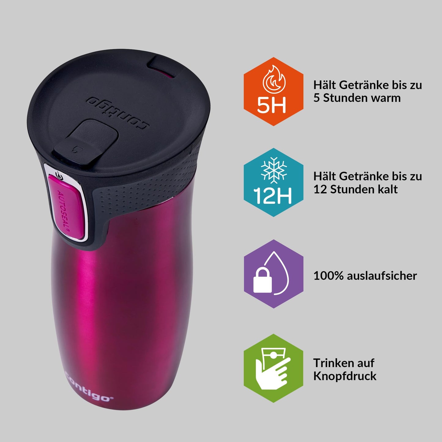 Contigo thermo mug West Loop Autoseal, stainless steel insulated mug, travel mug, coffee mug to go, leak-proof, 100% leak-proof, keeps hot for up to 5 hours/cold for 12 hours, 470 ml, BPA free, Raspberry - 2095831