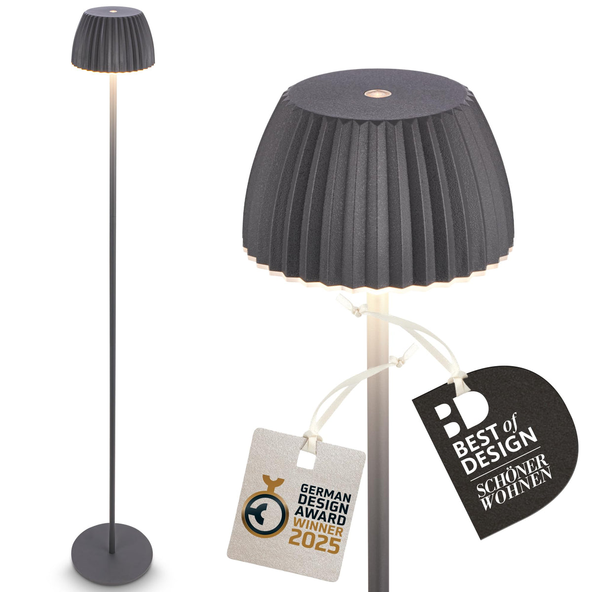 BRILONER - Riffle LED Floor Lamp Wireless IP44 with Touch, Dimmable, Memory Function, Replaceable Battery, Floor Reading Lamp, Living Room Lamp, German Design Award Winner 2025, 19x124 cm, Anthracite - 1238015