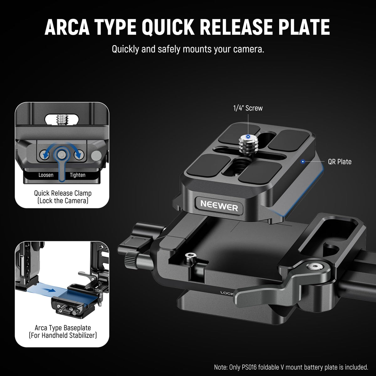 NEEWER V Mount Battery Plate with NATO Rails, Arca Type Base Plate for RS4 Pro RS3 Pro Gimbal Modular DSLR Camera Video Rig, compatible with SmallRig V Lock Battery Camera Cage, PS016