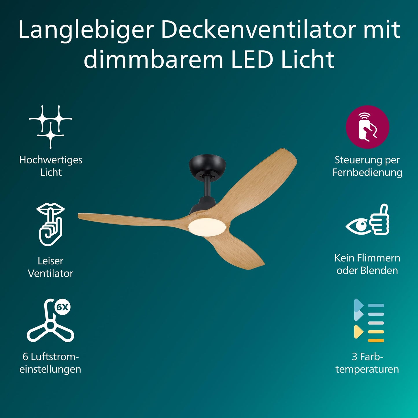 PHILIPS Olas ceiling fan, 3 blades, 132 cm diameter, DC motor, color temperature range (3000K-4300K-6500K), dimmable, including remote control, black/wood - 929004641301