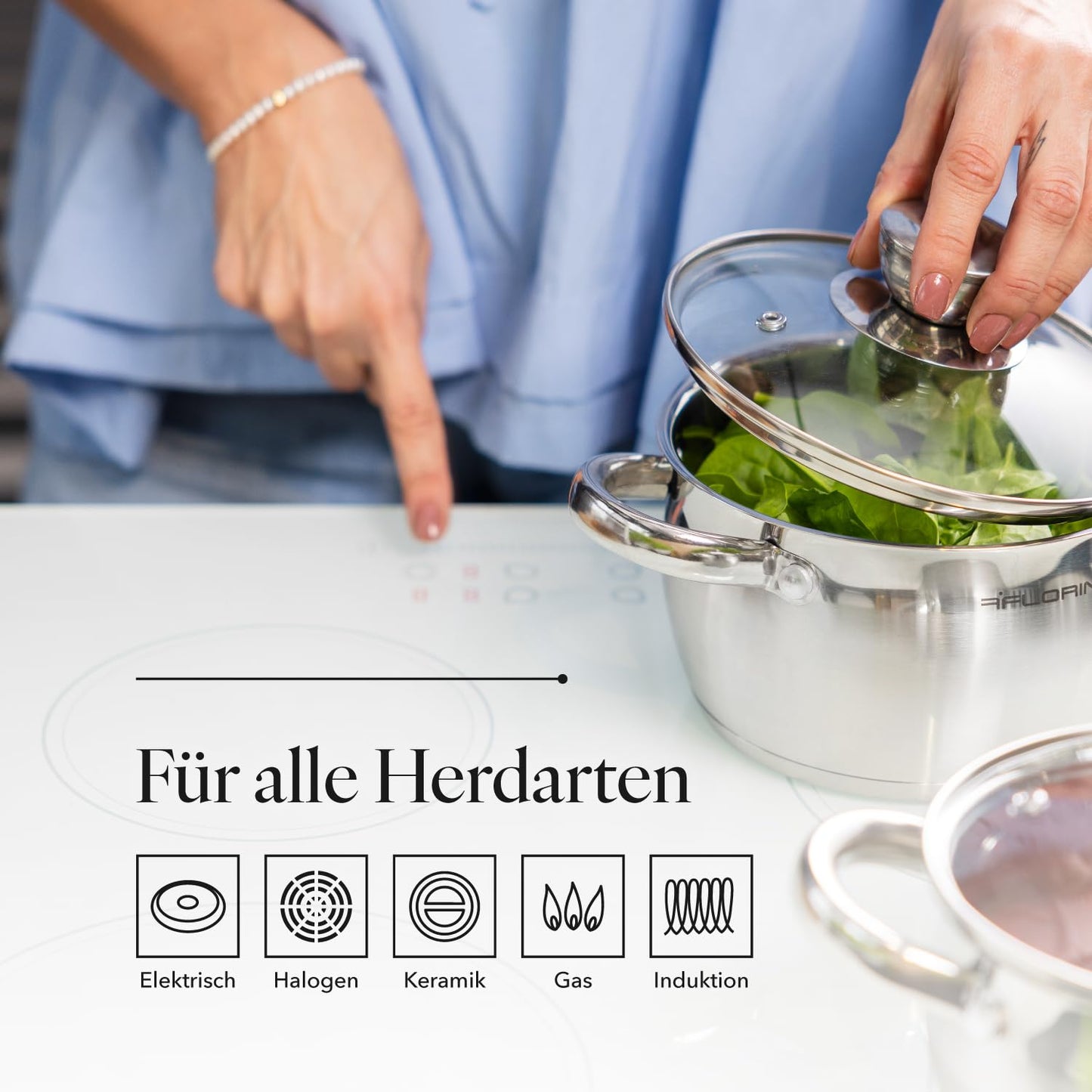 Florina Oliver 24 cm 6 L stainless steel pot with glass lid | For induction, gas, electric, ceramic | Measuring scale inside | Dishwasher safe | Heat-resistant lid | Durable & robust - 5G1029