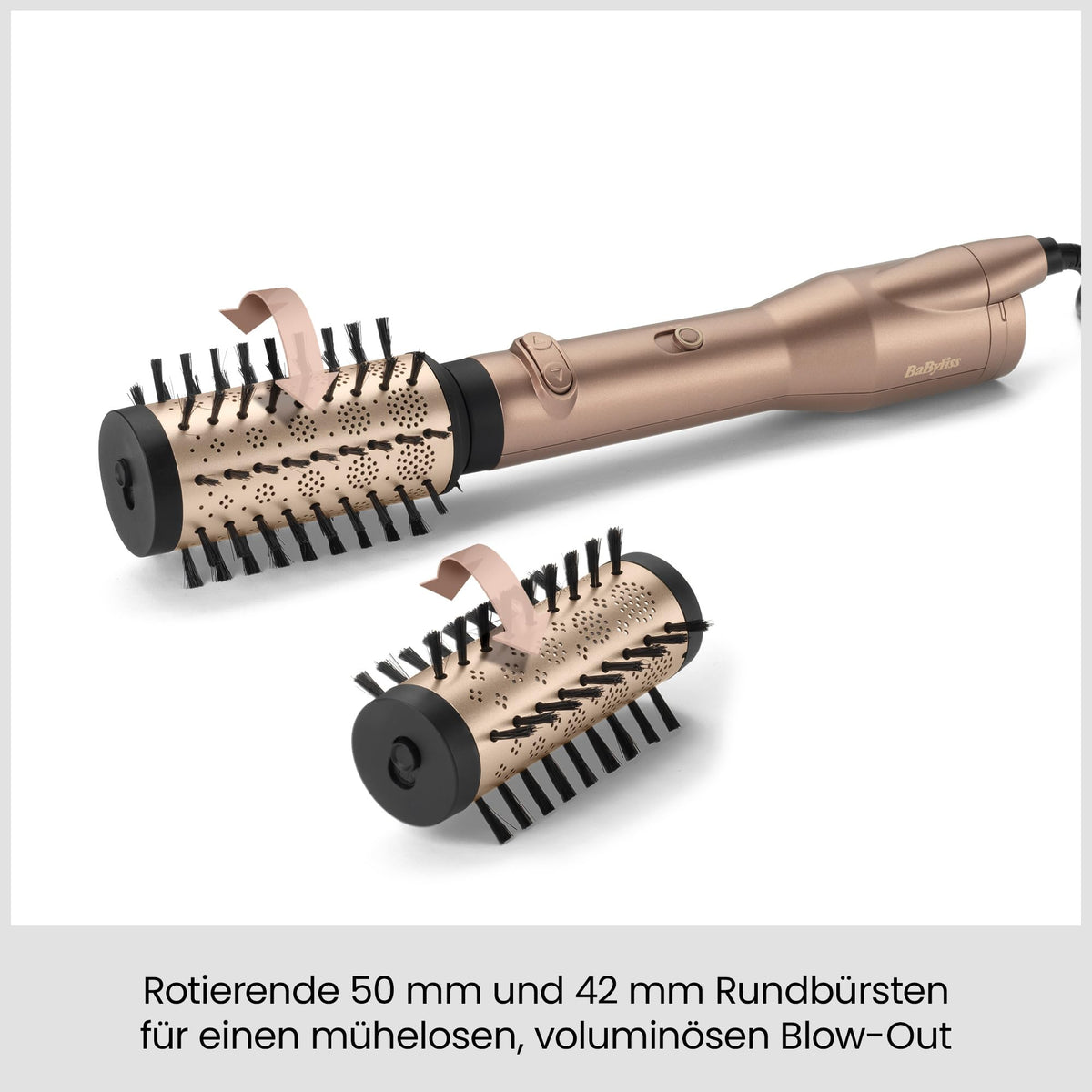 BaByliss Big Hair Dual Perie rotativă cu aer cald – Tehnologie cu ioni pentru anti-frizz, accesorii de 50mm și 40mm, 2 direcții de rotație, 2 setări de temperatură + buton de aer rece, champagne, AS952E