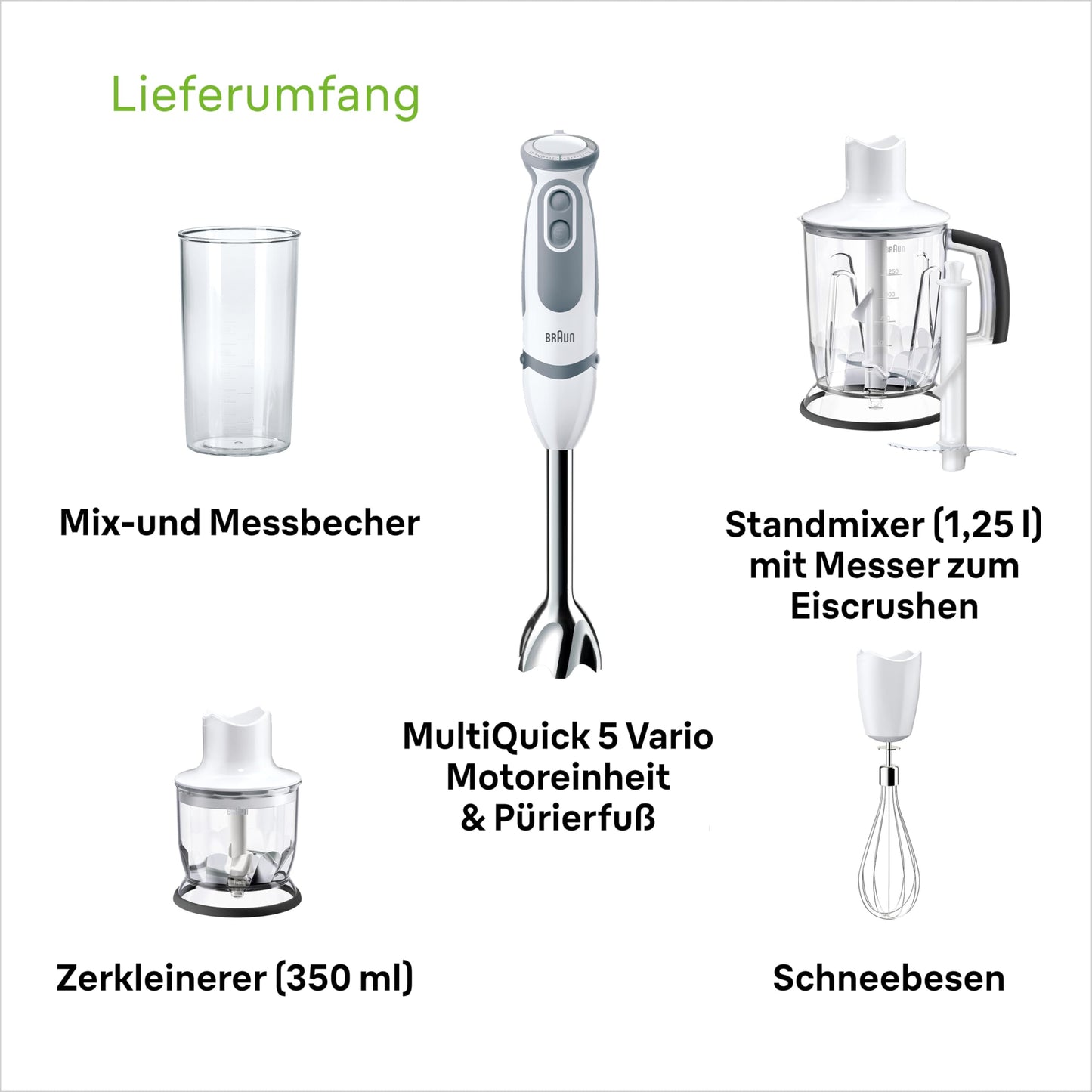 Braun hand blender MQ 5245WH hand blender - MultiQuick 5 Vario hand blender with stainless steel mixing foot, 1000 watts, including 4-piece accessory set, white/gray