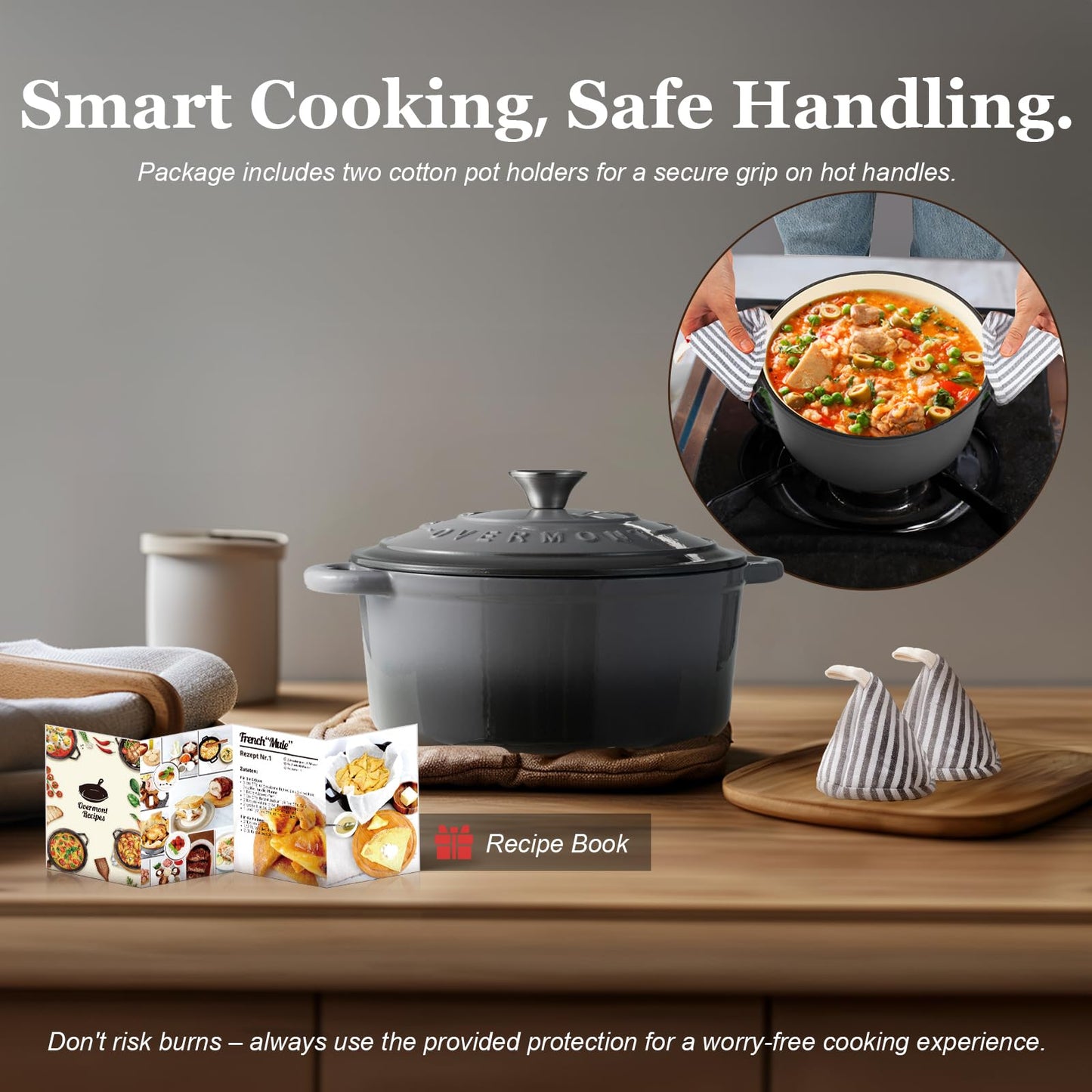 Overmont roasting pan enamel cast iron pot - casserole dish 28cm oven-safe - with lid and cookbook - for kitchen baking stewing roasting grey - Enamelled