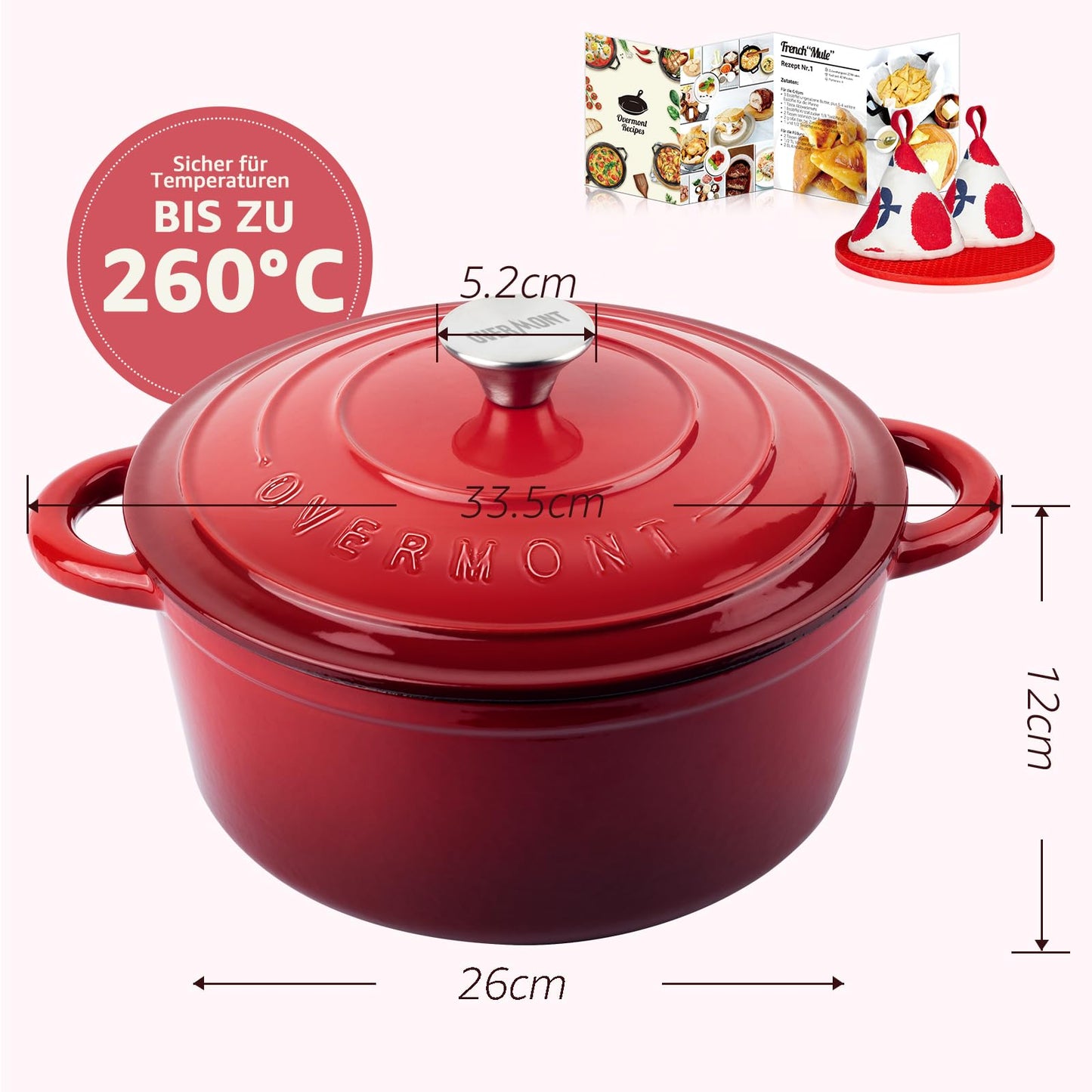Overmont Casserole Cast Iron Pot 26cm - Enamel Roaster with Lid Oven Safe - with Cookbook - for Kitchen Baking Stewing Roasting Red - Dutch