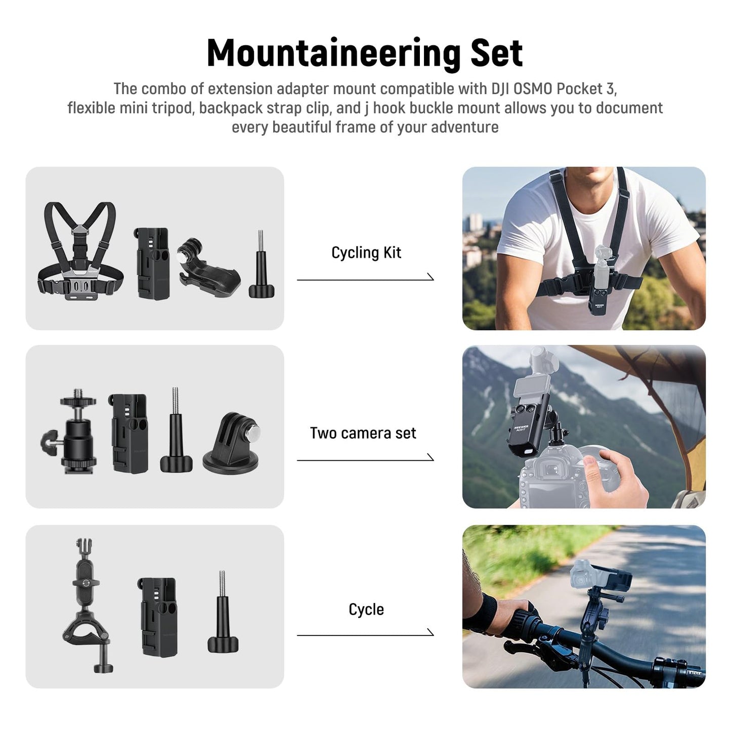 NEEWER Basics 16 in 1 Accessory Set Compatible with DJI OSMO Pocket 3, Mini Tripod Selfie Stick Chest Strap Magnetic Neck Attachment Extension Adapter Mountaineering Cycling Dual Cam Vlog, GP-52 - 10105863