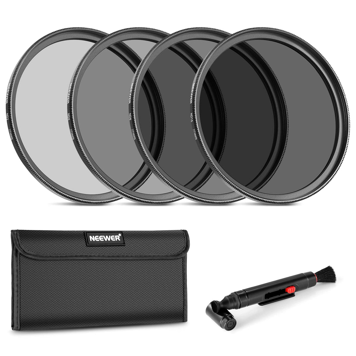 Set de filtre ND NEEWER 77 mm ND2 ND4 ND8 ND16, stilou pentru curățarea obiectivului, pungă de filtru, filtru gri și set de accesorii, compatibil cu camerele DSLR Canon Nikon Sony Panasonic cu obiectiv de 77 mm - NW