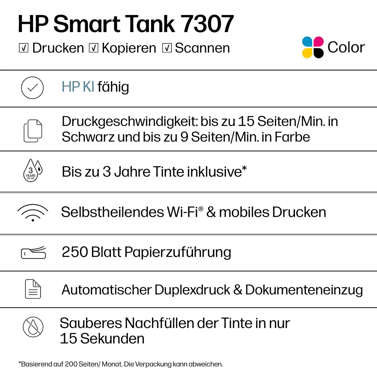 HP Smart Tank 7307 imprimantă multifuncțională 3 în 1 (WLAN; Duplex; ADF) – 3 ani de cerneală inclusă, 3 ani garanție, rezervor de cerneală mare, rază mare, imprimare de înaltă calitate - 941P5A#BHC