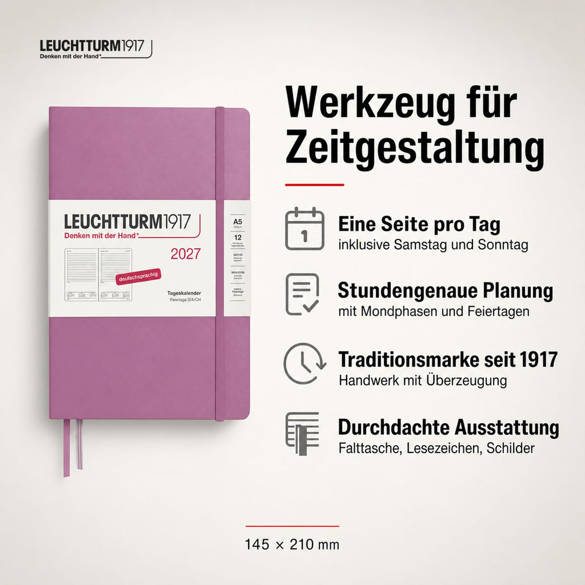 LEUCHTTURM1917 Daily Calendar 2027 Medium (A5) - German, Dusty Rose, 145 x 210 mm, January-December (12 months), 1 page per day, hourly grid 7:00 a.m. - 10:00 p.m., hardcover, 80 g/m² paper - 400158
