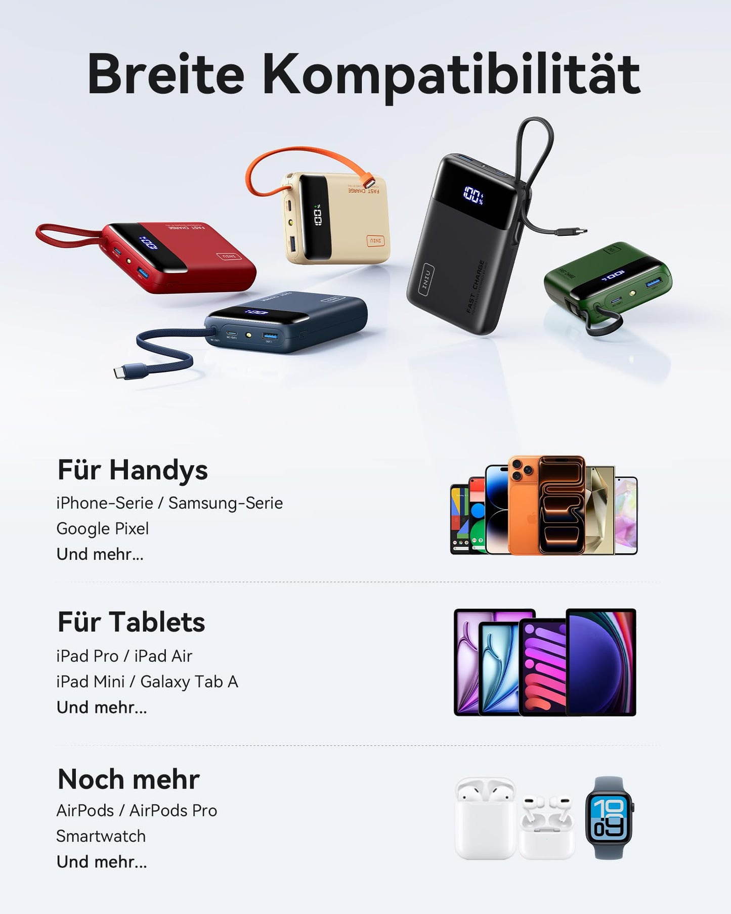 INIU 45W power bank, ultra small 20000mAh power bank with integrated USB C cable, quick charging external mobile phone batteries, suitable for flight, travel essential for air travel, hand luggage, long flights, blue - P51L