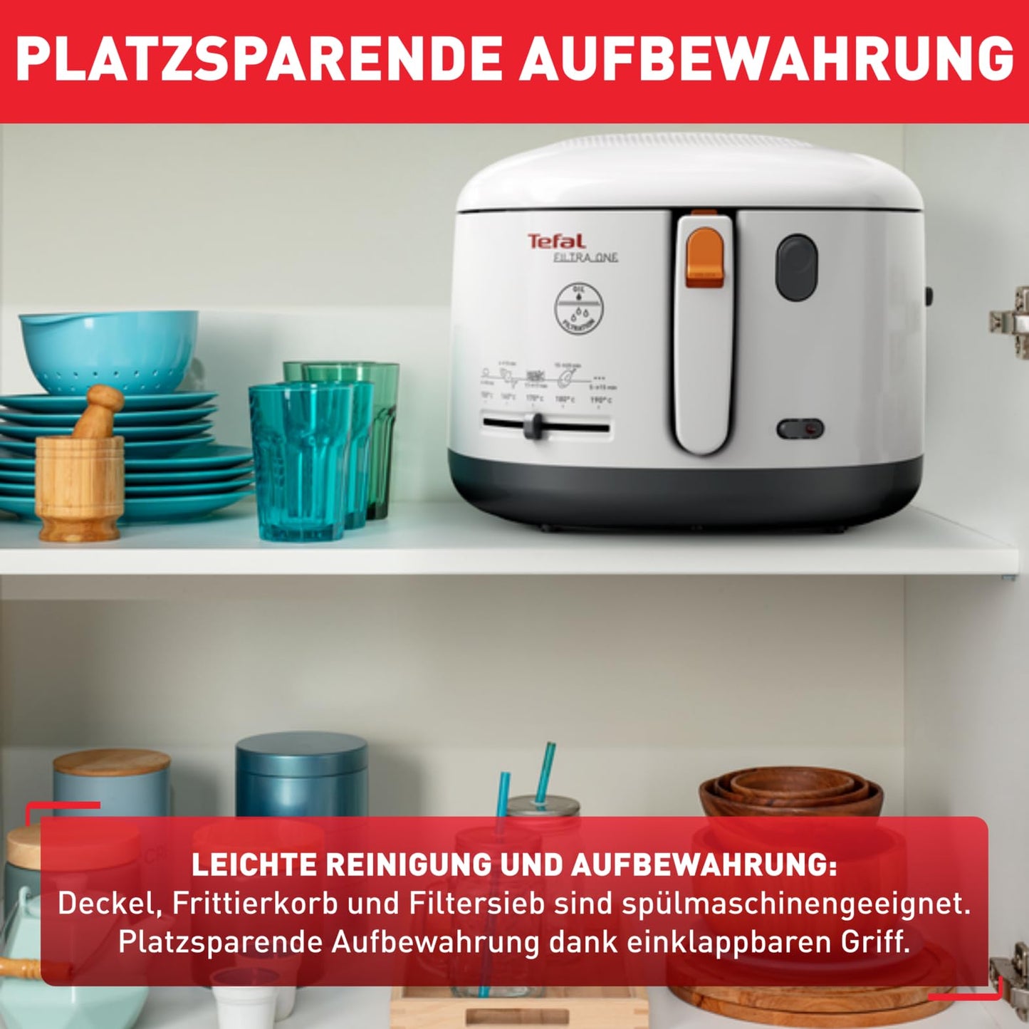 Tefal Fritteuse mit Ölfilter geruchsarm, wärmeisoliert sicher zum Anfassen, kompakt einklappbare Griffe, 150-190°C einstellbar, spülmaschinenfest, für Pommes Nuggets Snacks, antihaftbeschichtet - FF1631