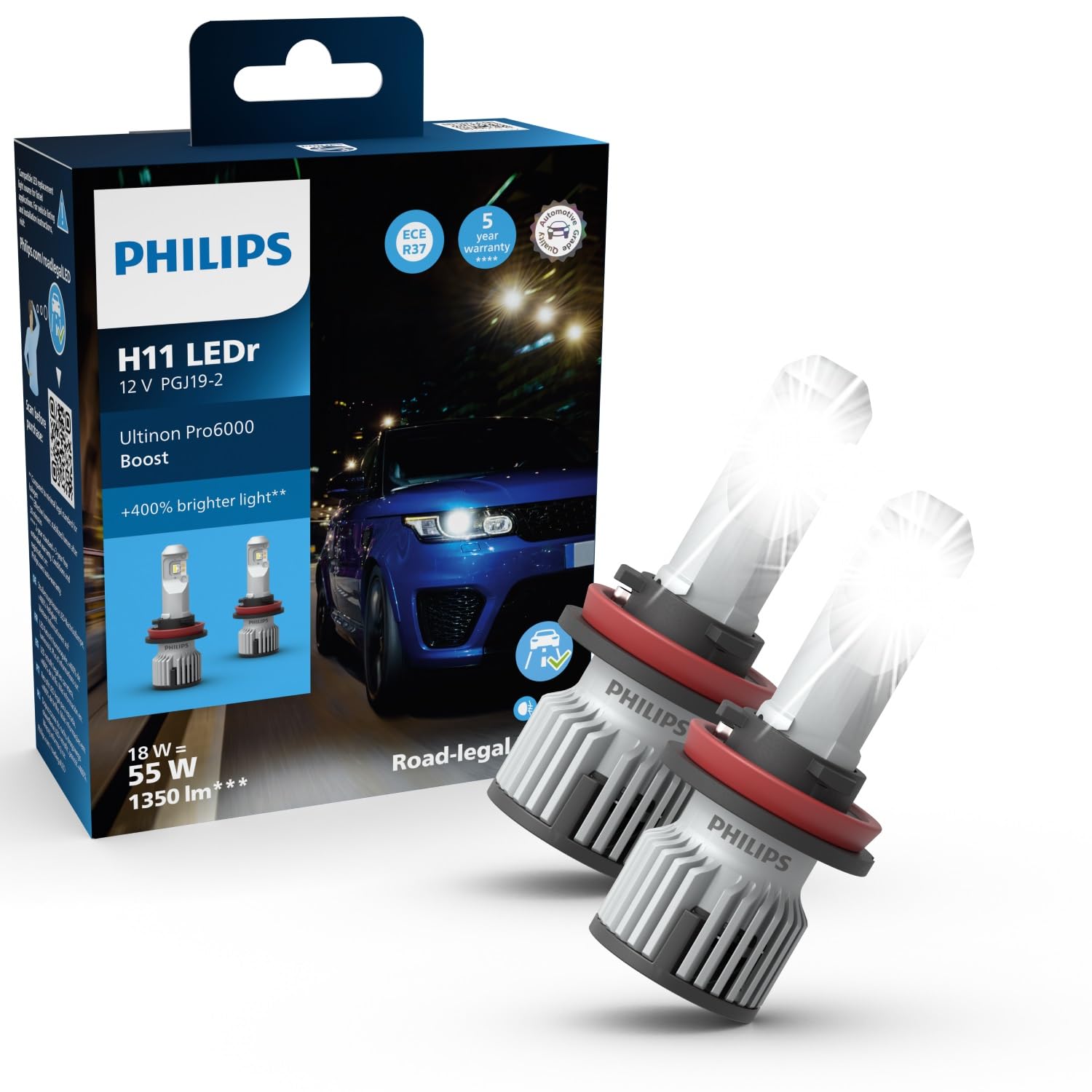 Philips Ultinon Pro6000 Boost H11-LEDr headlight bulb with street approval*, UNECE-R37 approval with E-mark, +400% brighter light** - 3079594