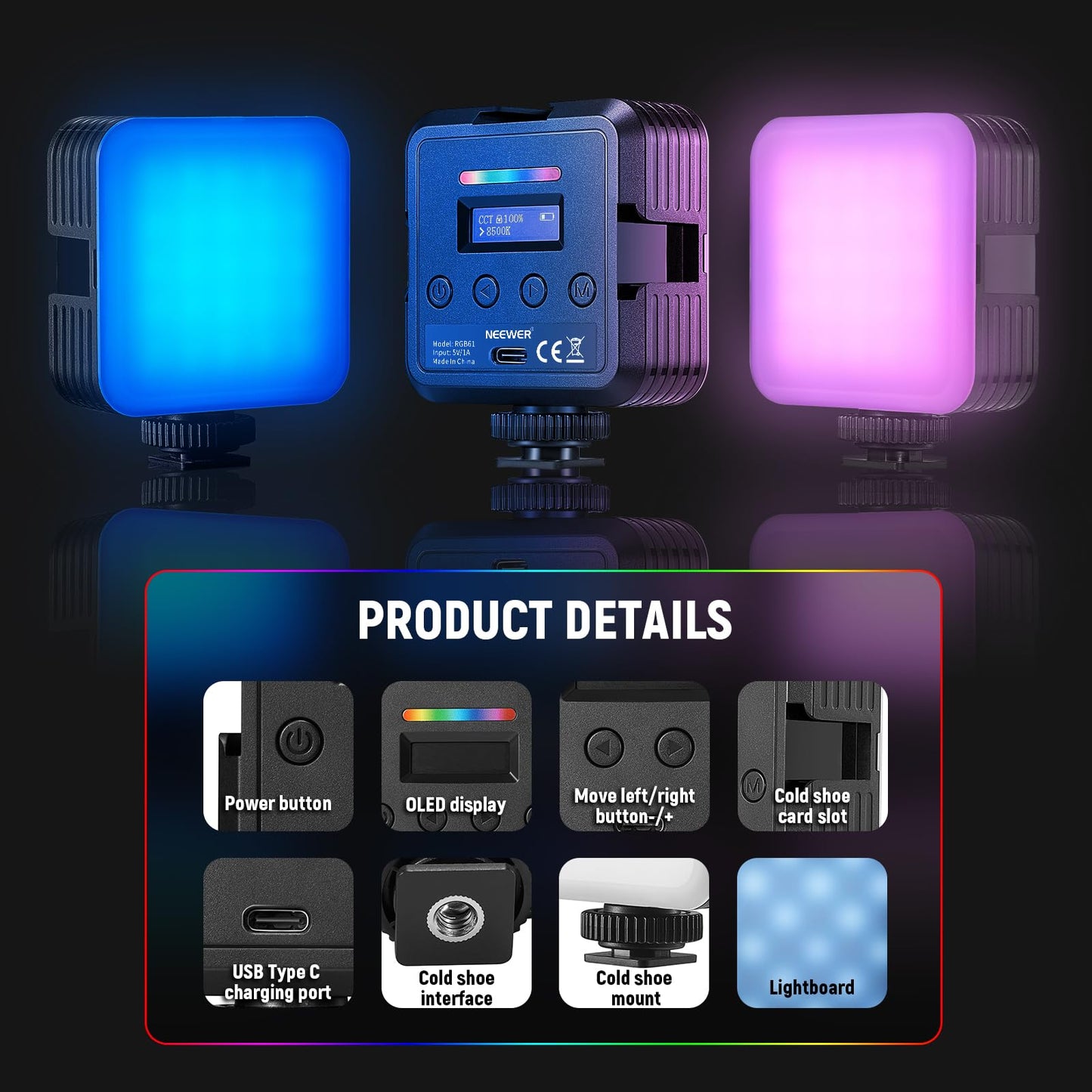 NEEWER Magnetic RGB Video Light, Pack of 2, RGB61 LED Camera Light