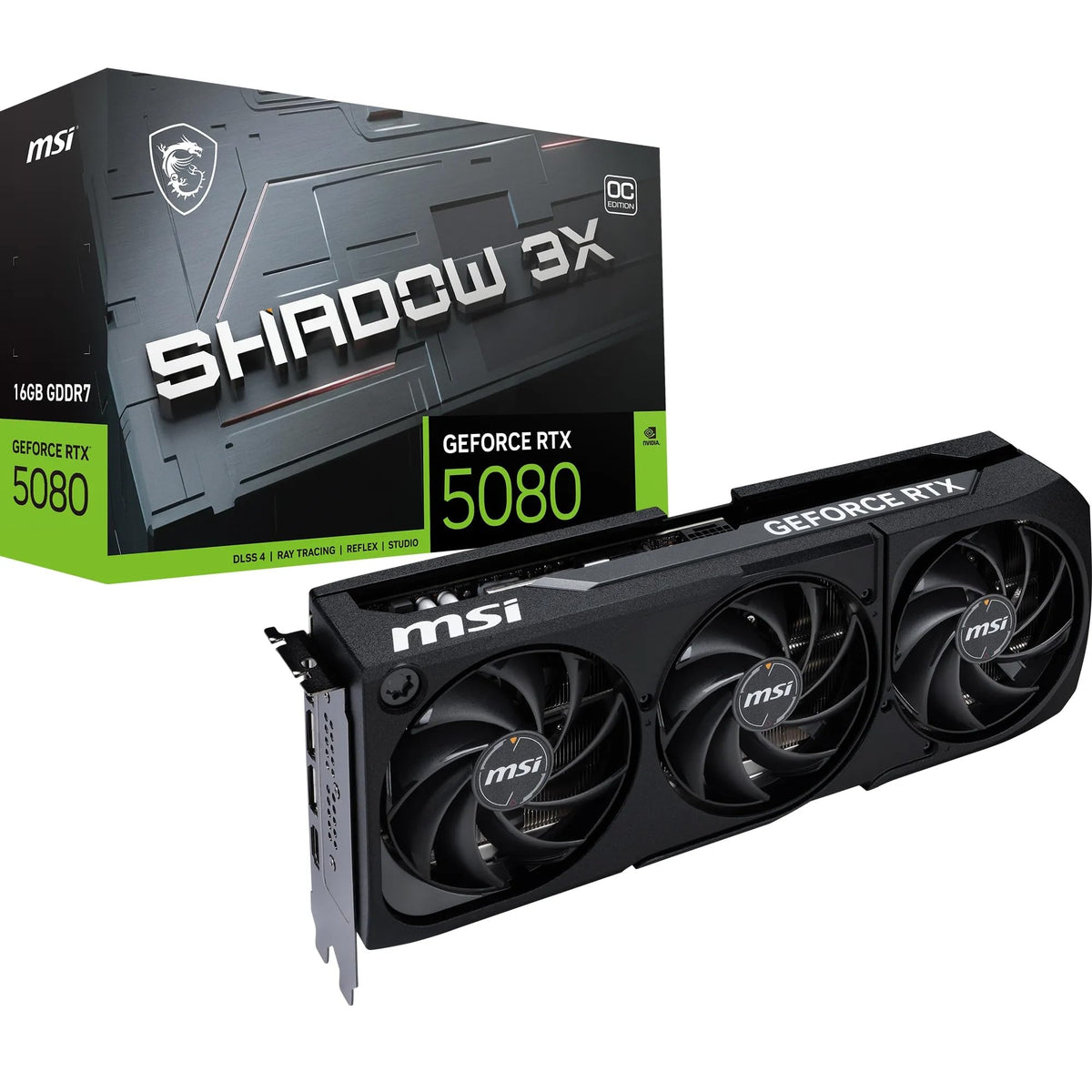 MSI GeForce RTX 5080 16G Shadow 3X OC — 16GB GDDR7 (30Gbps/256-bit), PCIe 5, Boost: 2640 MHz, HDMI 2.1b, DisplayPort 2.1b - V531-003R