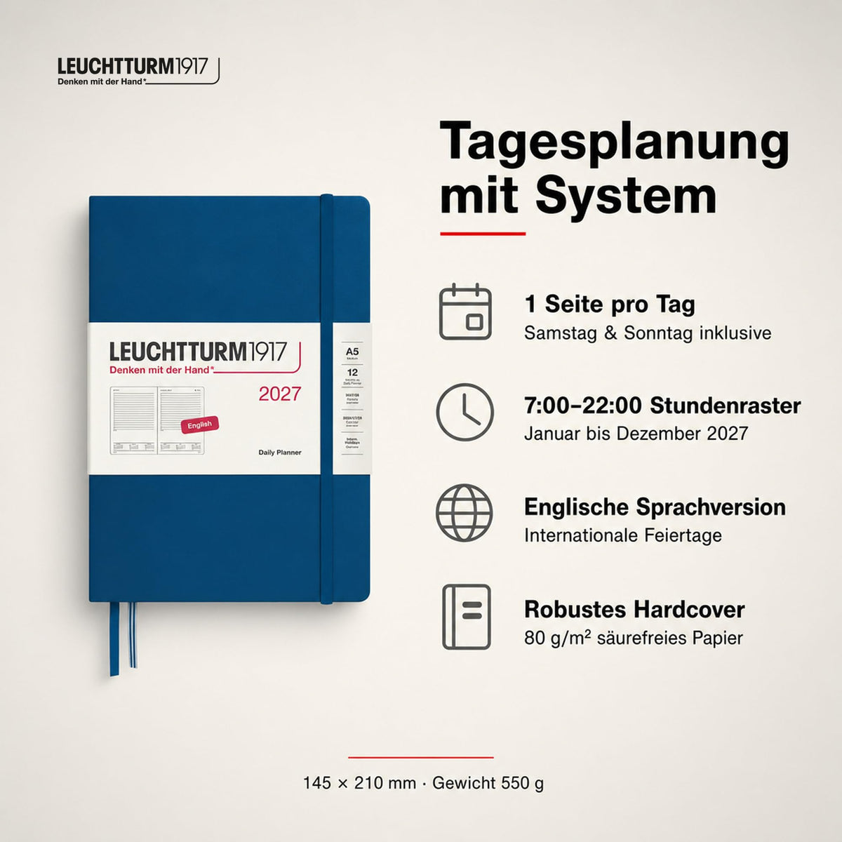 LEUCHTTURM1917 Daily Calendar 2027 Medium (A5) - English, Indigo, 145 x 210 mm, January-December (12 months), 1 page per day, hourly grid 7:00-22:00, hardcover, 80 g/m² paper - 400330