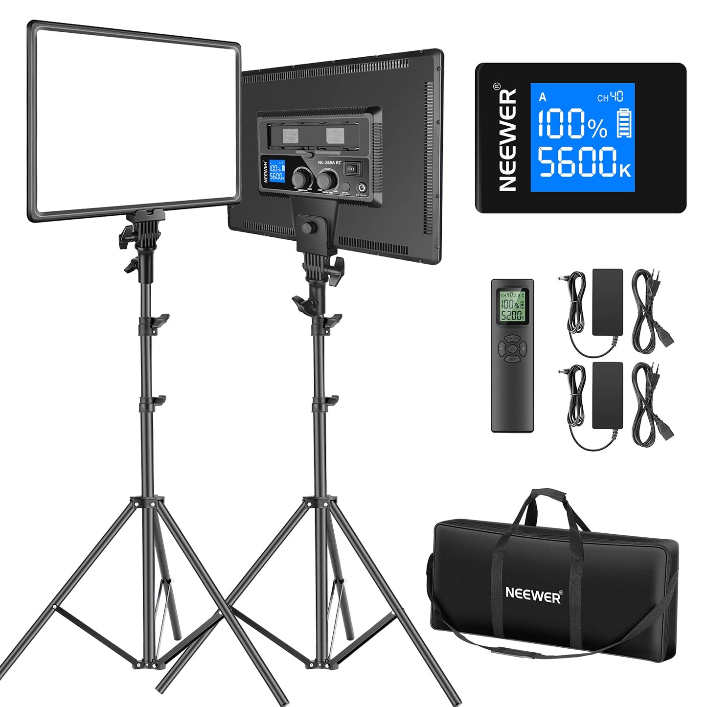 NEEWER 18" LED video light panel set, streaming light with 2 pieces 45W dimmable two-tone, with remote control & light stand, 3200K-5600K soft video light CRI 97+ 4800Lux for YouTube camera photography - 10100659