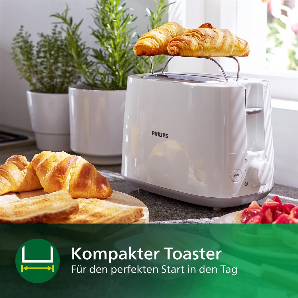 Philips toaster - 2 toast slots, 8 levels, bun attachment, defrost function, lift function, automatic switch-off, white (HD2581/00)