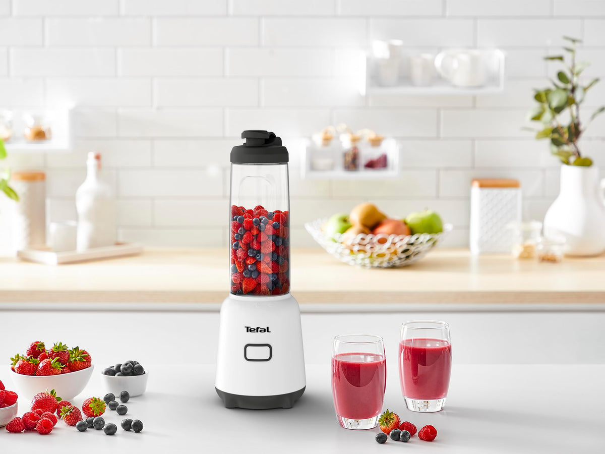 Tefal Mix & Move Mini Blender, including a To-Go bottle made of premium Tritan, 300 Watts, space-saving design, detachable blades, easy ergonomic one-button operation, White/Black, BL1501