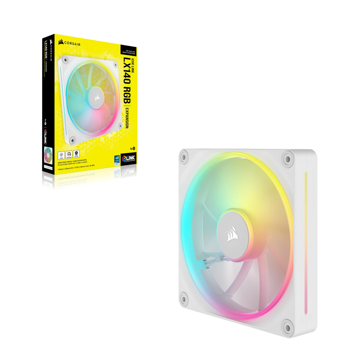 CORSAIR iCUE LINK LX140 RGB ventilator de 140mm PWM, ambalaj individual – Dual Light Loops – Necesită hub iCUE LINK (vândut separat) – Tehnologie CORSAIR AirGuide – Alb - CO-9051031-WW