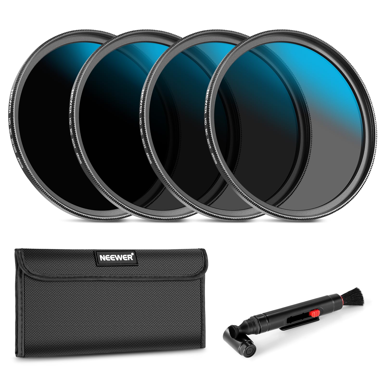 NEEWER 49mm ND filter set, ND16/ND32/ND64/ND1000, lens cleaning pen, filter bag, HD filter accessory set, compatible with Canon Nikon Sony camera lens - NW