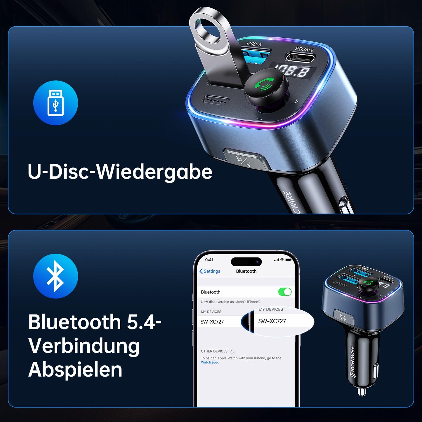 Syncwire FM Transmitter Car Bluetooth 5.4 48W (PD 36W & 12W) Bluetooth Adapter Car with [Light Switch] [HiFi Bass Sound] [Fast Charging] Hands-Free Car Charger Cigarette Lighter - SW-XC727