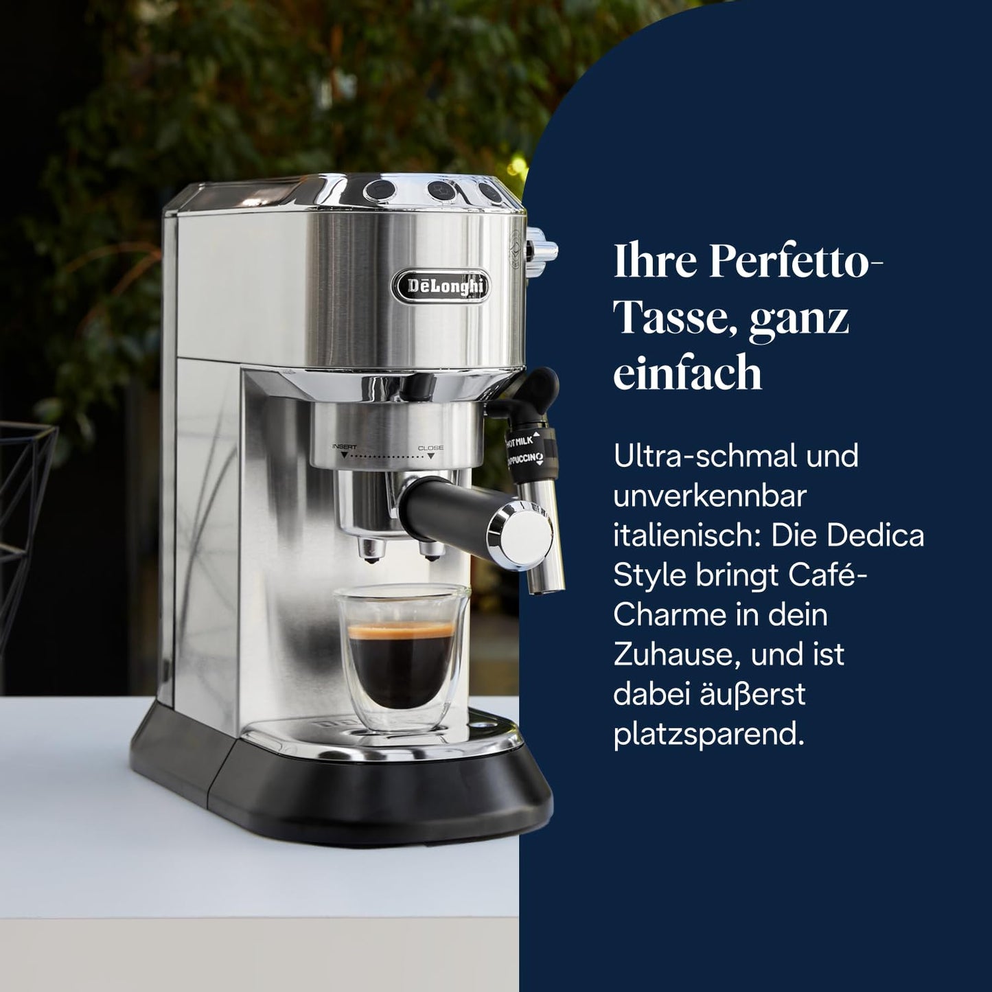 De'Longhi Dedica Style - Perfetto compact portafilter machine espresso machine with buttons, manual milk frother for espresso and cappuccino, ESE pad suitable, 15cm wide, metal (EC685.M) - 0132106324