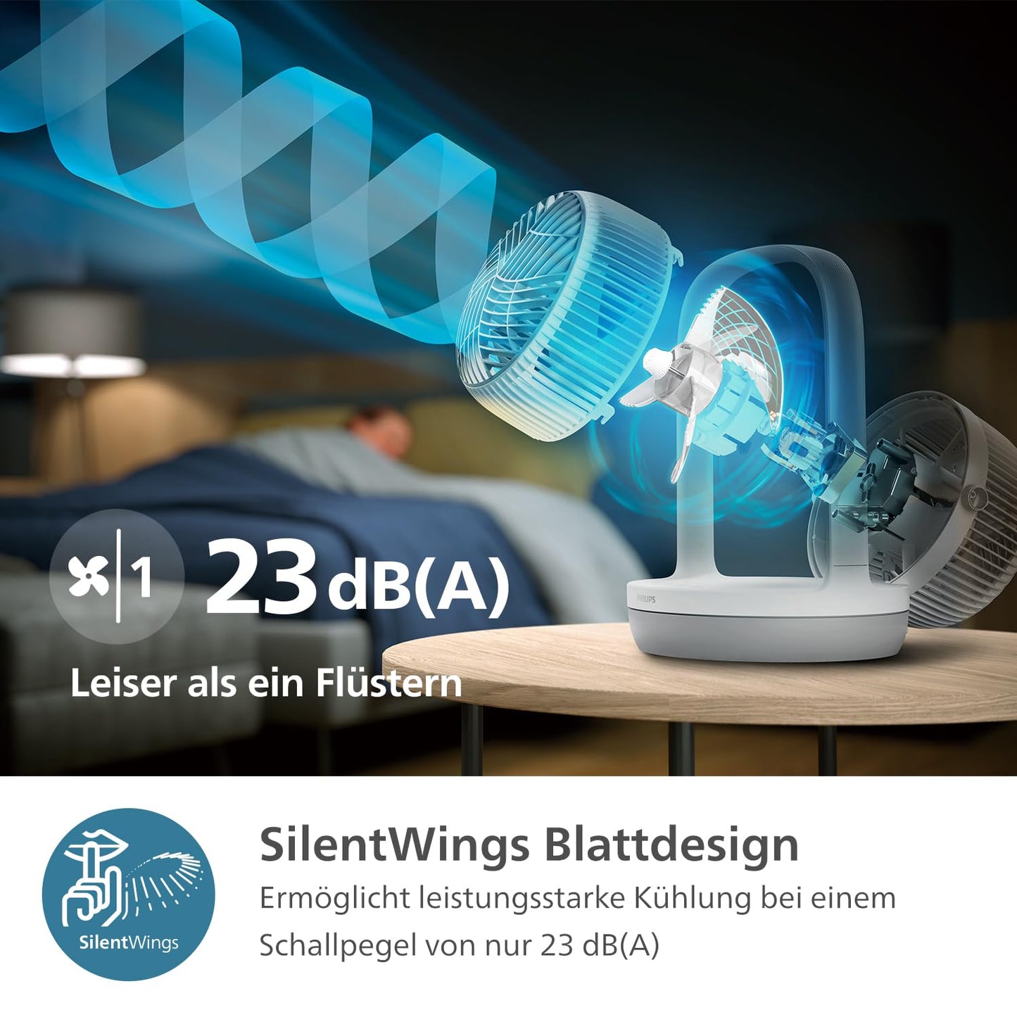 PHILIPS table fan series 2000. Strong & super quiet with SilentWings technology. 23dB. Air circulation. Tilt 180° adjustable. 12 hour timer. Bedroom, Home & Office. White (CX2050/00)
