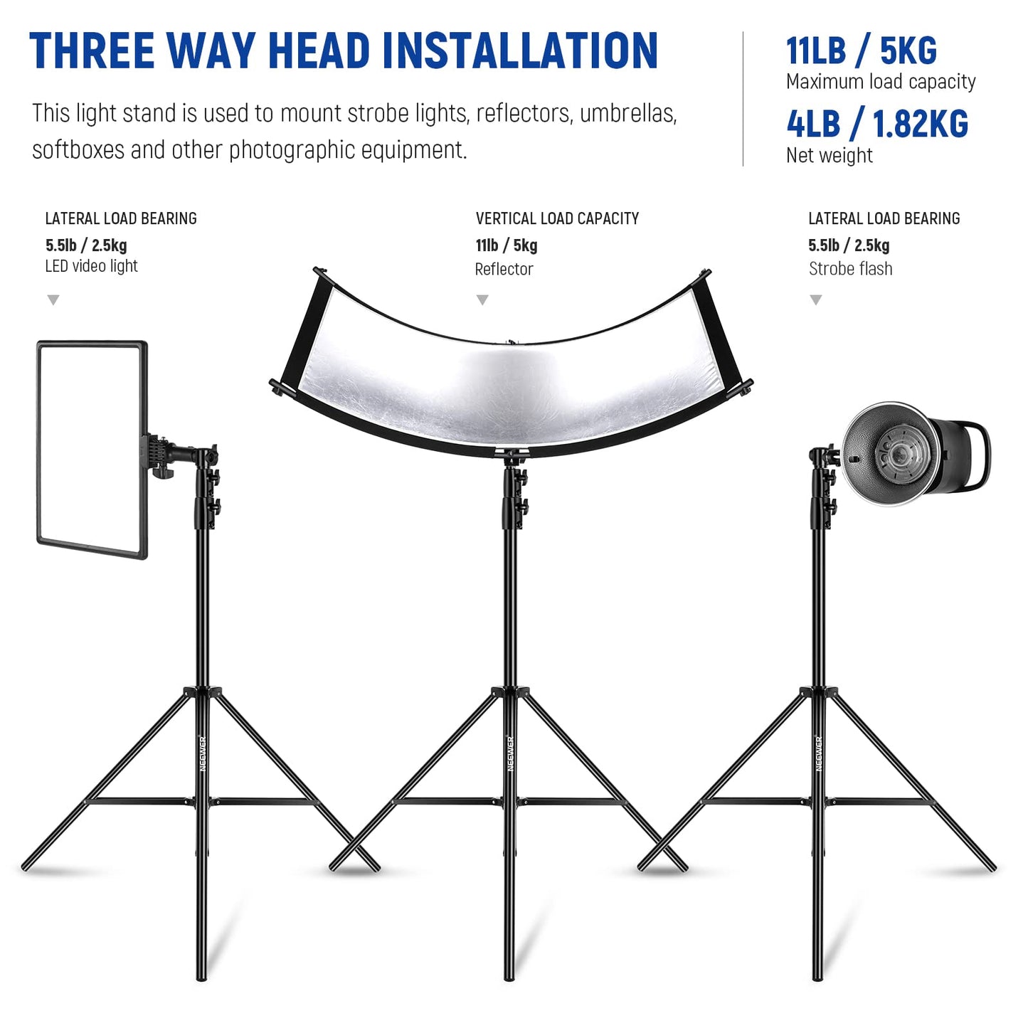 NEEWER 2.8m light stand, air-cushioned heavy duty metal tripod for ring light photography lamps with 1/4" to 3/8" screw adapter and 3-way interfaces, load capacity: 2.5kg, ST-280AC
