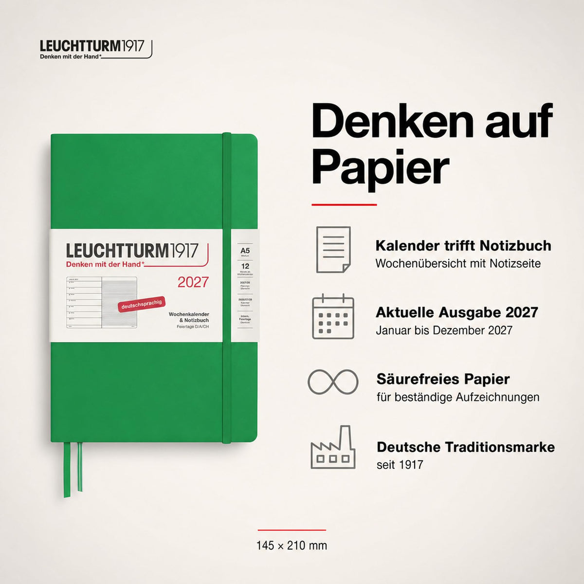 LEUCHTTURM1917 Weekly Calendar 2027 Medium (A5) with Notebook - German Appointment Planner, Spring Leaf, January-December 2027, Weekly Overview on the Left + Notes Page on the Right - 400053