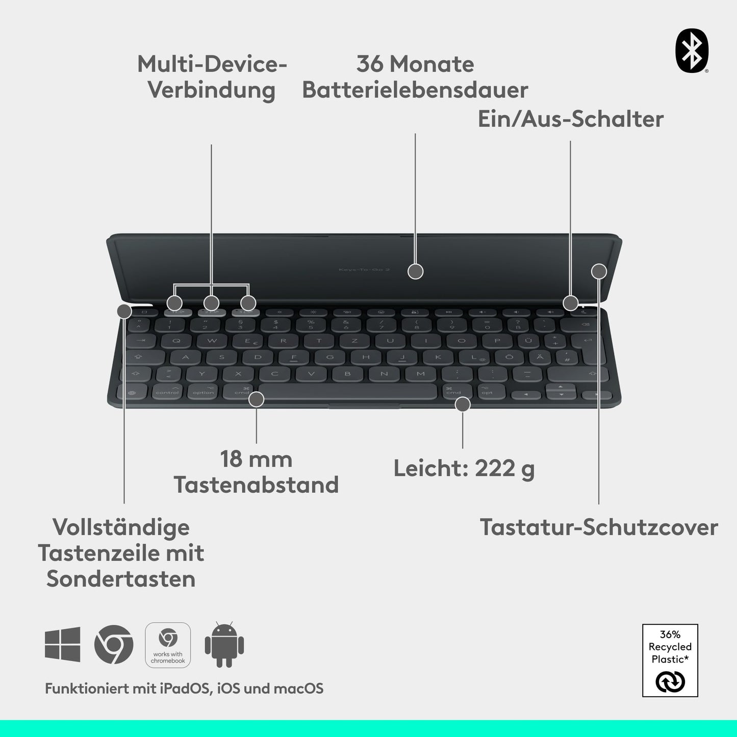 Logitech Keys-to-Go 2, mobile wireless keyboard for iPad with integrated protective cover, slim and compact, for iPad, iPhone, Mac and Apple TV, easy device switching, DEU QWERTZ layout - gray - 920-013004