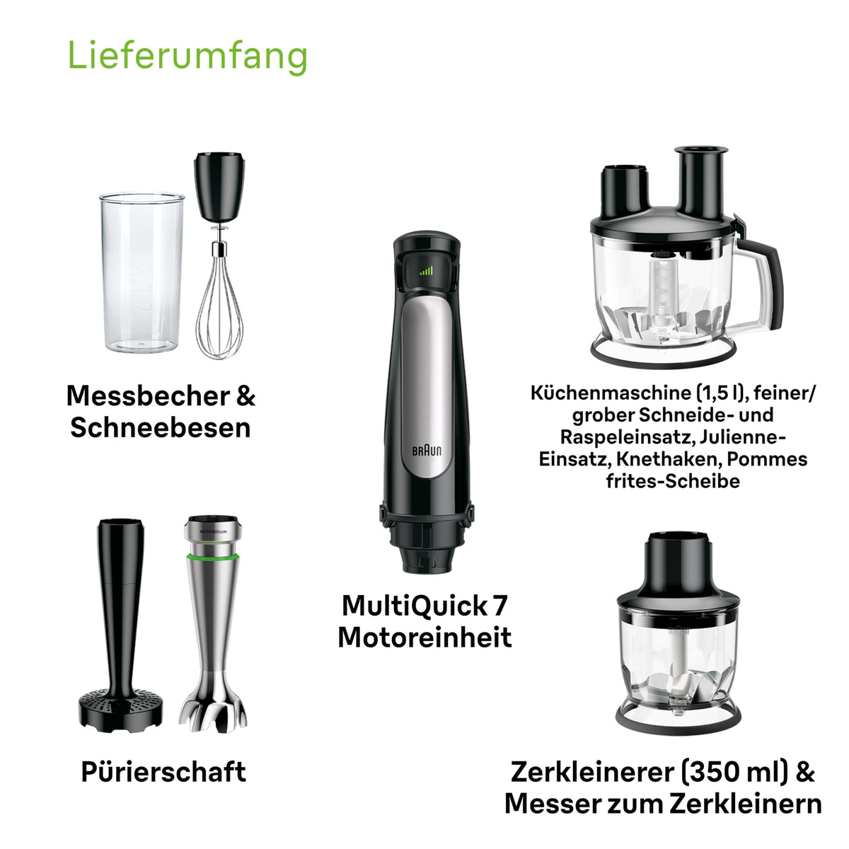 Braun MultiQuick 7 - Hand blender with SplashControl technology, ActiveBlade system, precise speed control, 1.5L kitchen mixer, chopper, whisk, 600 ml cup, 1000W, Black (MQ7087X)