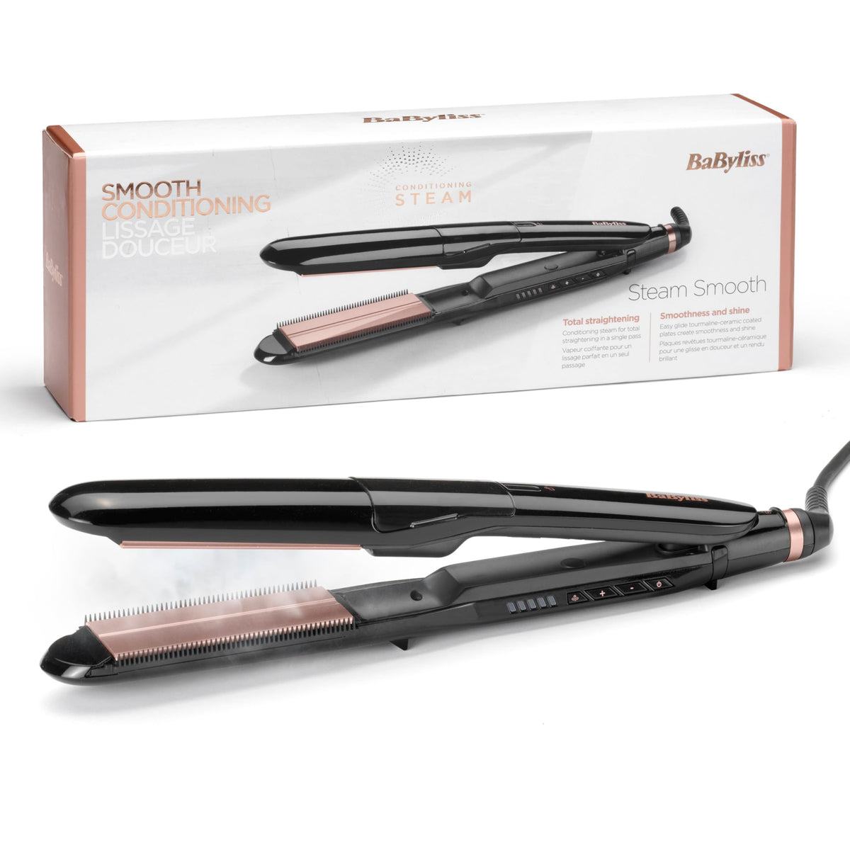 BaByliss Steam Smooth Îndreptător de păr, aparat de styling cu aburi, Negru | Plăci ceramice XL de 39mm, îndreptător pentru păr gros și lung, îndreptare anti-frizz, 5 niveluri de temperatură până la 230°C, ST493E - 997-81081