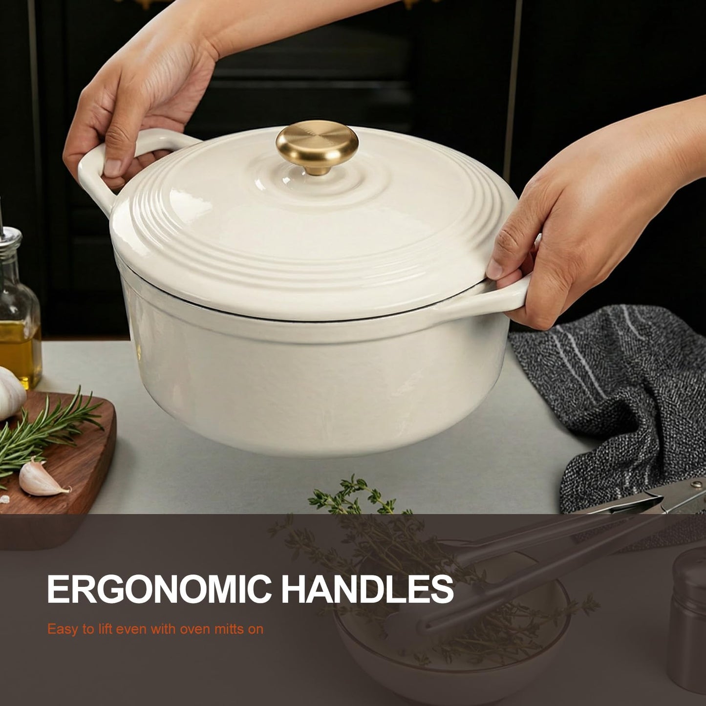Overmont roasting pan enamel cast iron pot - casserole dish 26cm oven-safe - with lid and cookbook - for kitchen baking stewing roasting white - Dutch