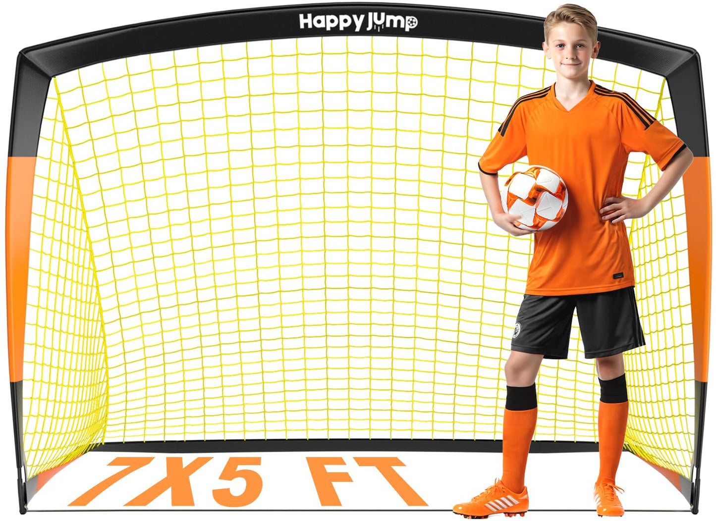 Happy Jump Pop-Up Football Goal - 213x152 cm, 1 Goal, Black Orange | Foldable Fiberglass Goal for Kids & Adults | Ideal for gardens and parks - A235666BQ1