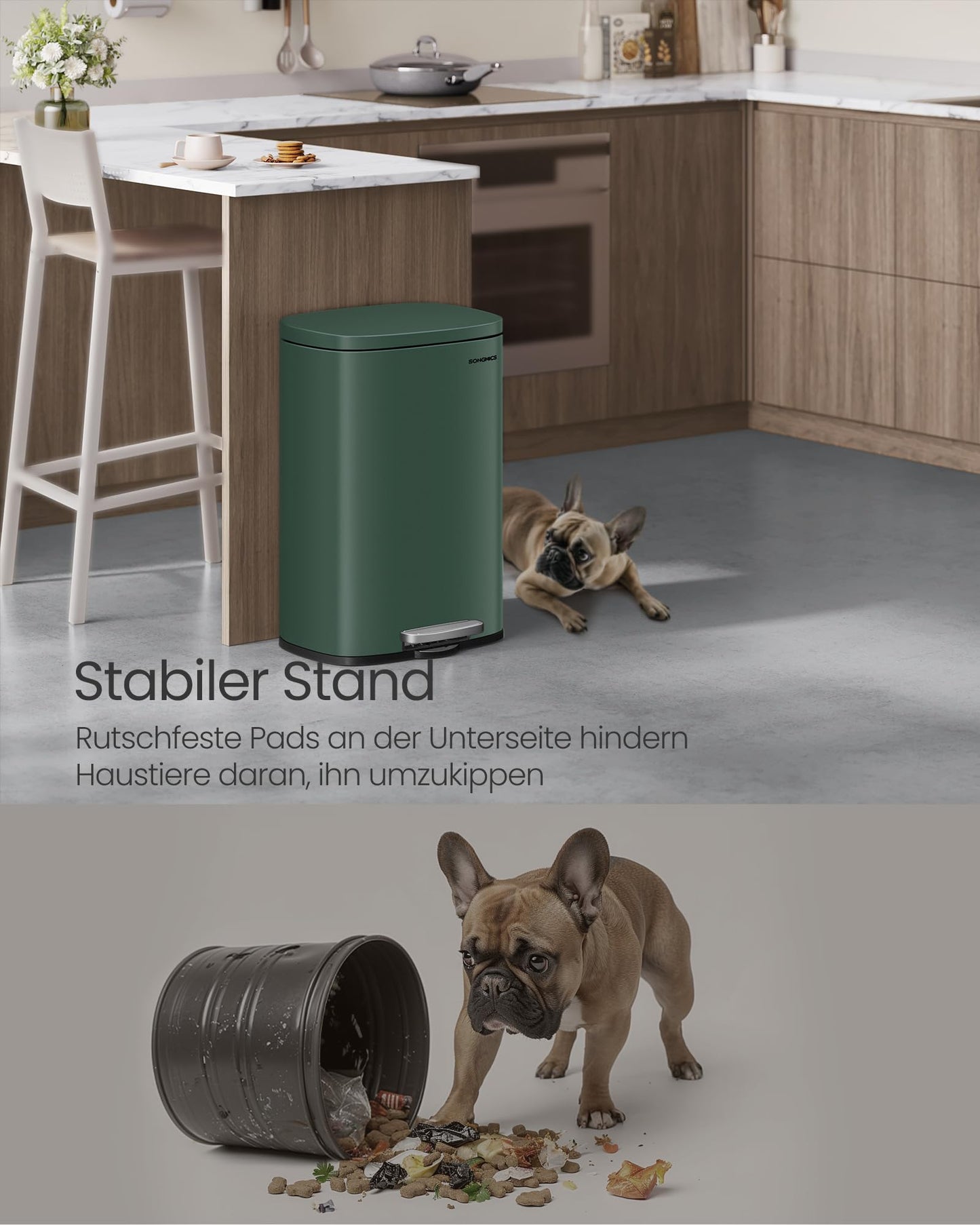 SONGMICS kitchen rubbish bin, 50 liters, waste bin, pedal bin, with lid, soft close, foot pedal, steel, inner bin, vintage green LTB050C02