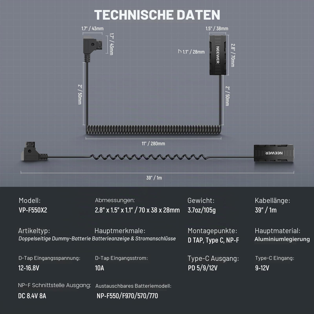 NEEWER Adaptor de baterie dummy dublu față cu display, încărcător splitter D Tap pe USB C, compatibil cu monitorul Atomos Ninja Shinobi, transmisor video DJI SDR, Sony NP-F970/750/550, VP-F550X2