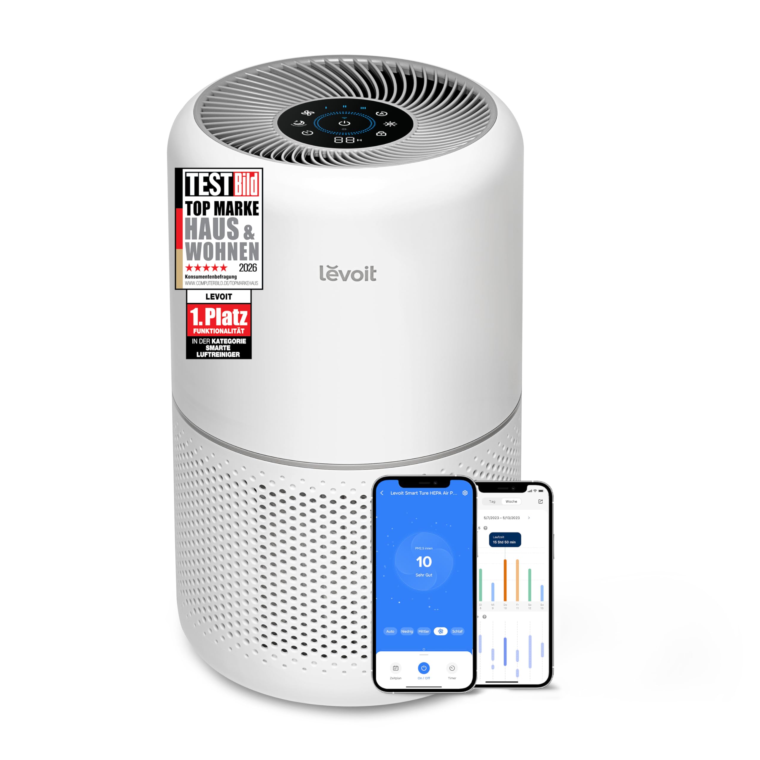 Levoit air purifier with HEPA air filter against 99.97 percent mold, dust, pollen, animal hair, air quality feedback and auto mode, CADR 240m³/h for smoking rooms, up to 50m², white - Core