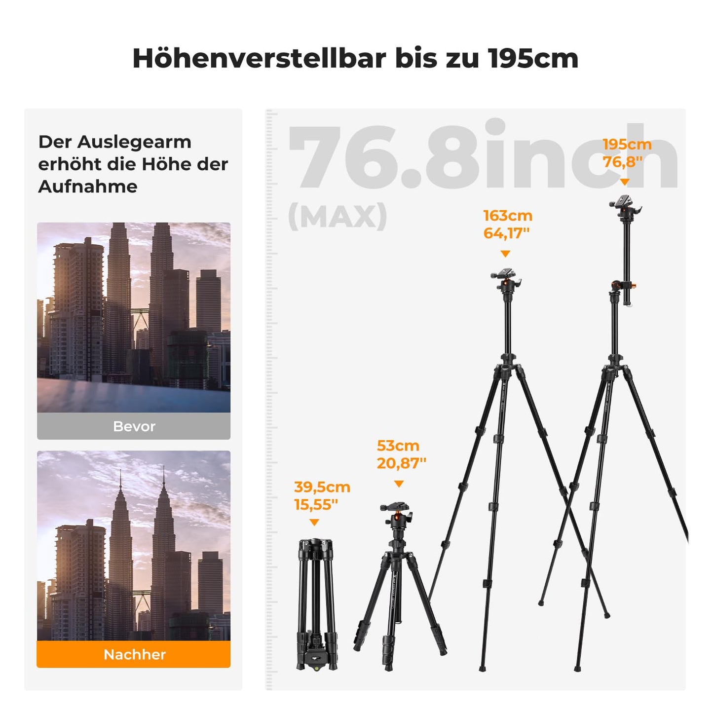 K&F CONCEPT O234A1 camera tripod with extension arm, 195cm mobile phone tripod, tripod for on the go, tripod for smartphone with mobile phone holder, aluminum travel tripod with BH-36 ball head - K234A0+BH-28L+Auslegearm