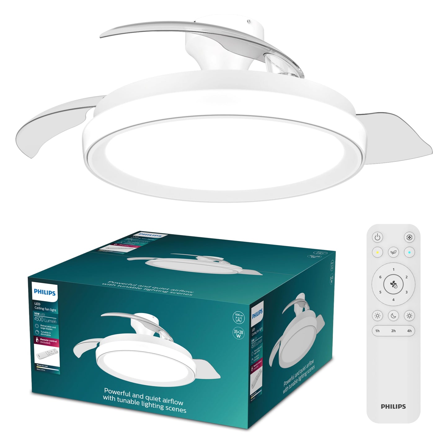Philips Bliss ceiling fan with LED light and retractable blades, 3 blades, 106 cm wingspan, 4,500 lumens, adjustable. Light (3,000 K to 6,500 K), dimmable up to 5%, including remote control, white - 929004749601