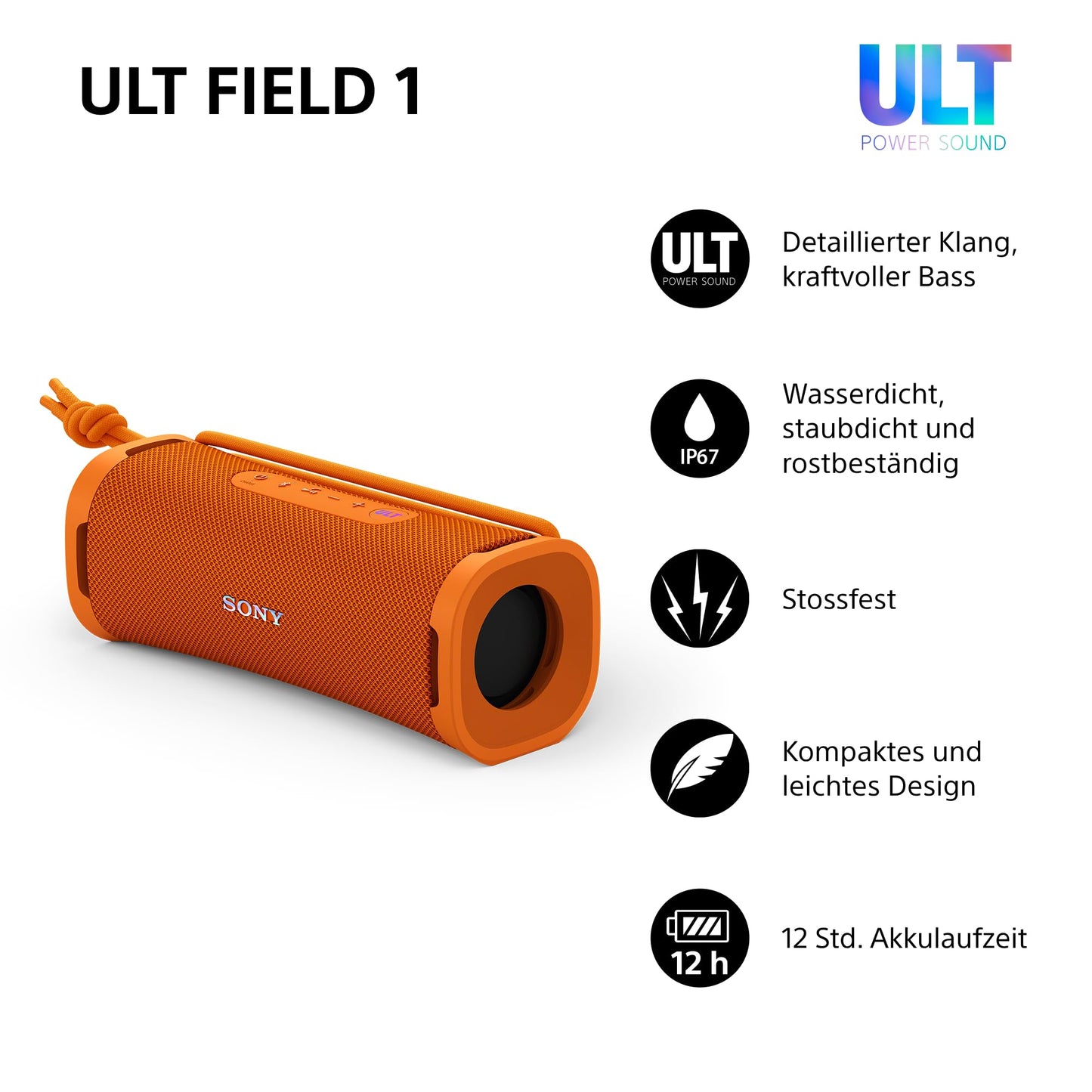 Sony ULT Field 1 - Wireless portable Bluetooth speaker with ULT Power Sound, powerful bass, IP67, waterproof, dustproof, shockproof, 12h battery, clear call quality, outdoor - orange - SRSULT10D.CE7