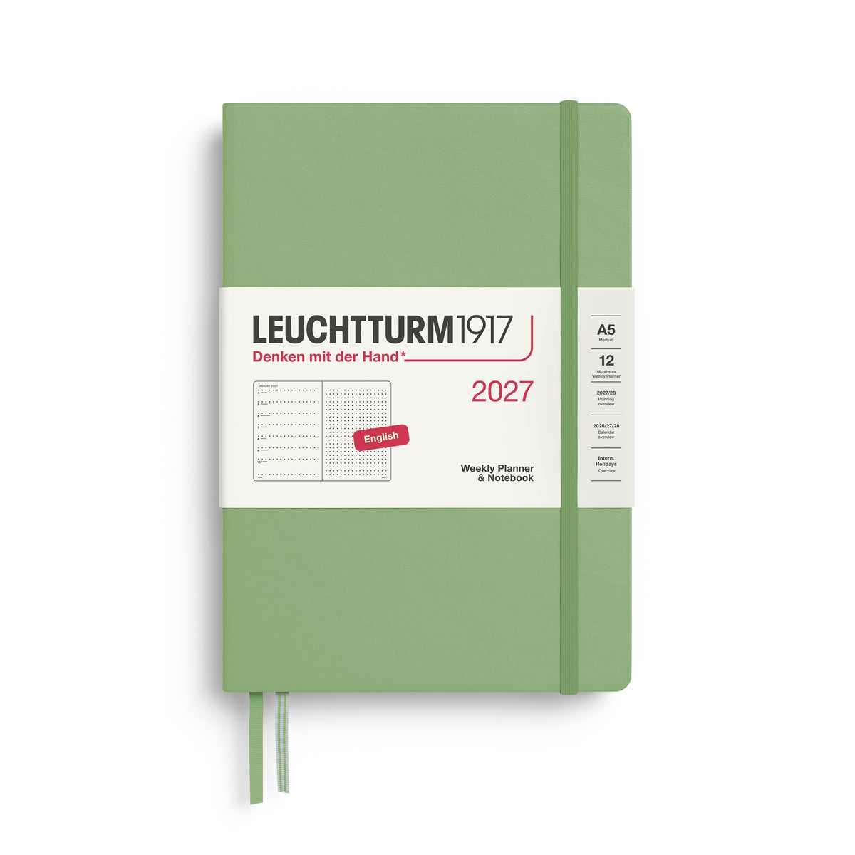 LEUCHTTURM1917 calendar săptămânal 2027 punctat mediu (A5) cu caiet, punctat - planificator de întâlniri Engleză, salvie, cartonat, 145 x 210 mm, ianuarie-decembrie 2027, prezentare săptămânală în stânga + pagina de note în dreapta - 400261