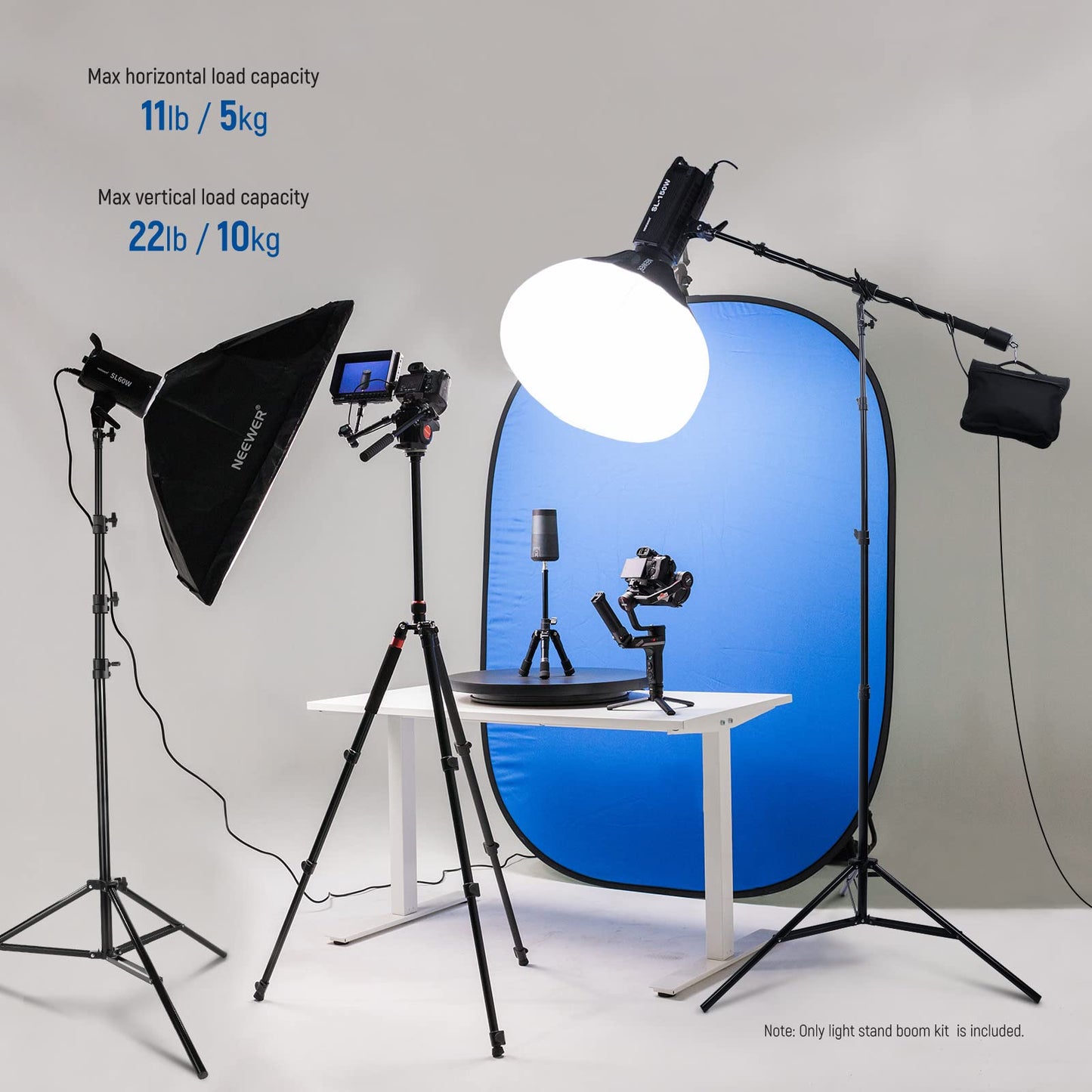 NEEWER Air-cushioned aluminum light stand, 3m adjustable photo tripod with boom arm, counterweight, sandbag, 1/4" screw for softbox, studio light, flash, umbrella, max. load 5kg - 90100462