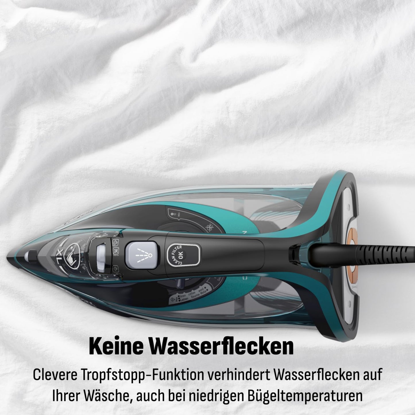 Tefal Ultimate Pure steam iron, 3200 W, 1.2 kg, Micro-Calc filter, Durilium Airglide Autoclean soleplate, automatic switch-off, 0.35 liter water tank, Made in France, black/turquoise, FV9844