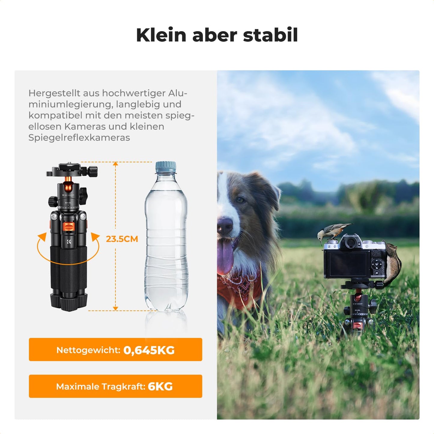K&F CONCEPT Black-Orange Mini Tripod, 55cm Aluminum Camera Tripod with 360° Ball Head, Foldable Design for Easy Storage and Travel-Friendly, 1/4" Plate for DSLR/Smartphone, Max. Load 6kg - S225A0+BH-25L