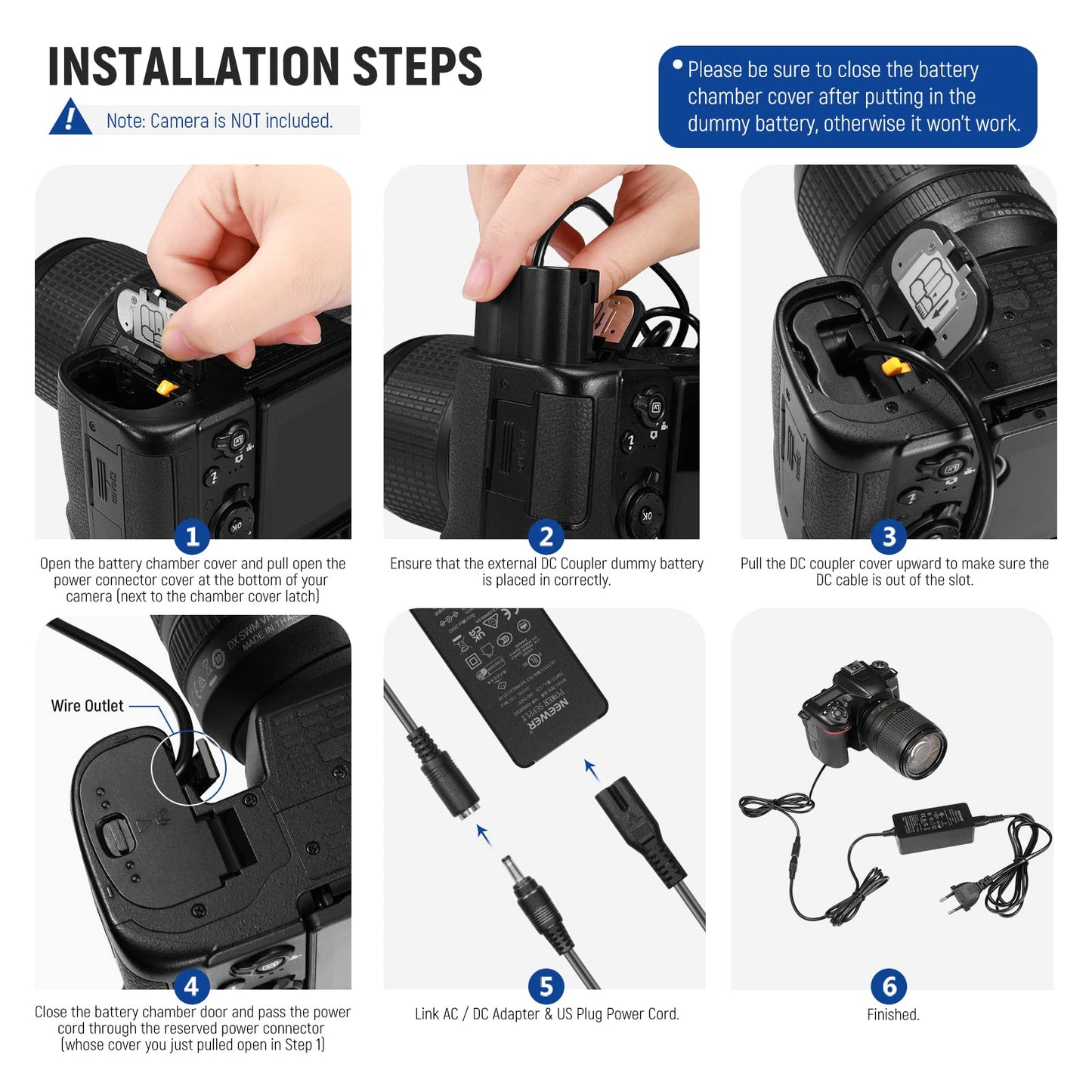 NEEWER Virtual Battery with AC/DC Coupler, Replaces EP~5B/EN~EL15 Power Supply, Compatible with Nikon Z5 Z6 Z7 Z6II Z7II D500 D610 D750 D780 D800 D810 D850 D7000 D7100 D7200 D7500 - 10101138